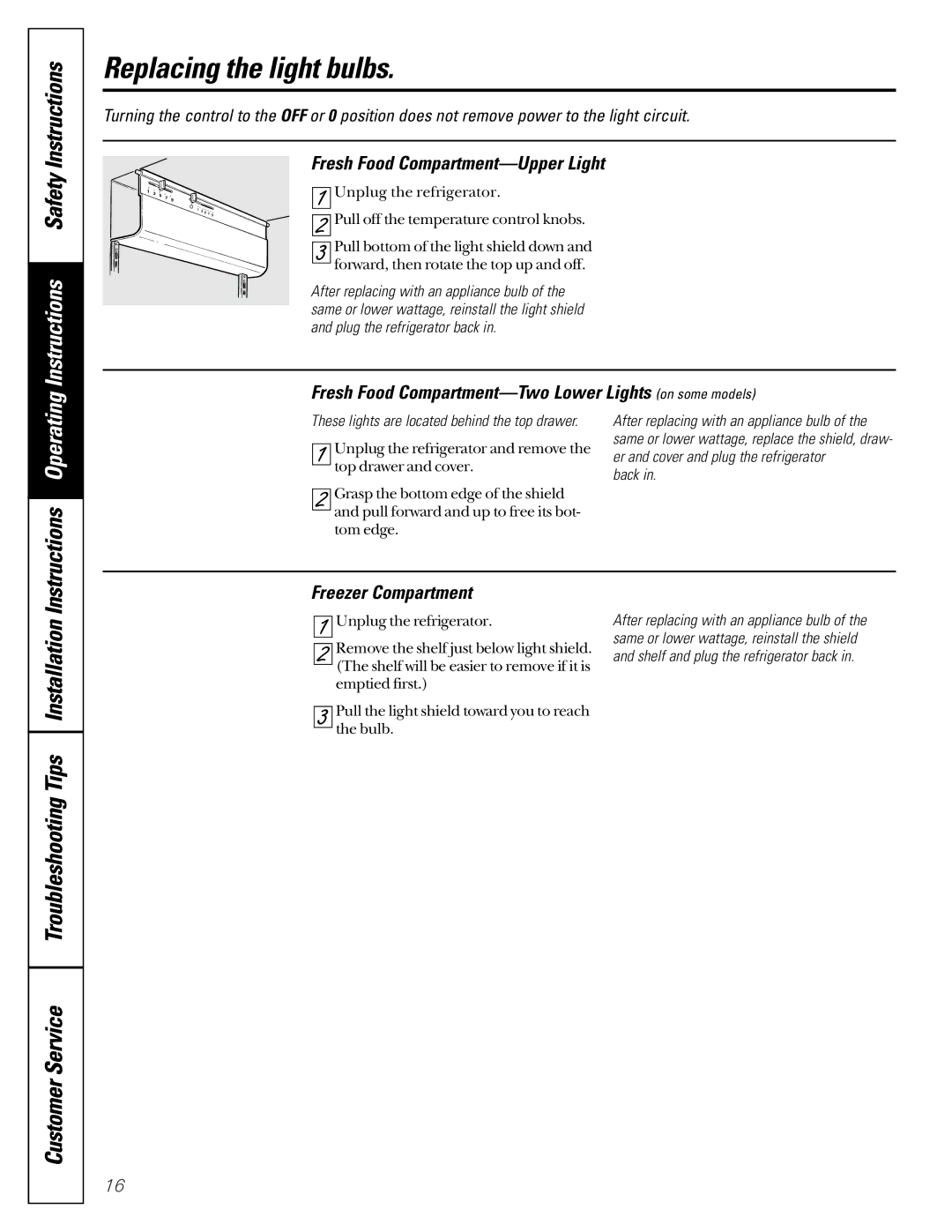 GE 22-27 owner manual Replacing the light bulbs, Instructions SafetyInstructions, Fresh Food Compartment-Upper Light 