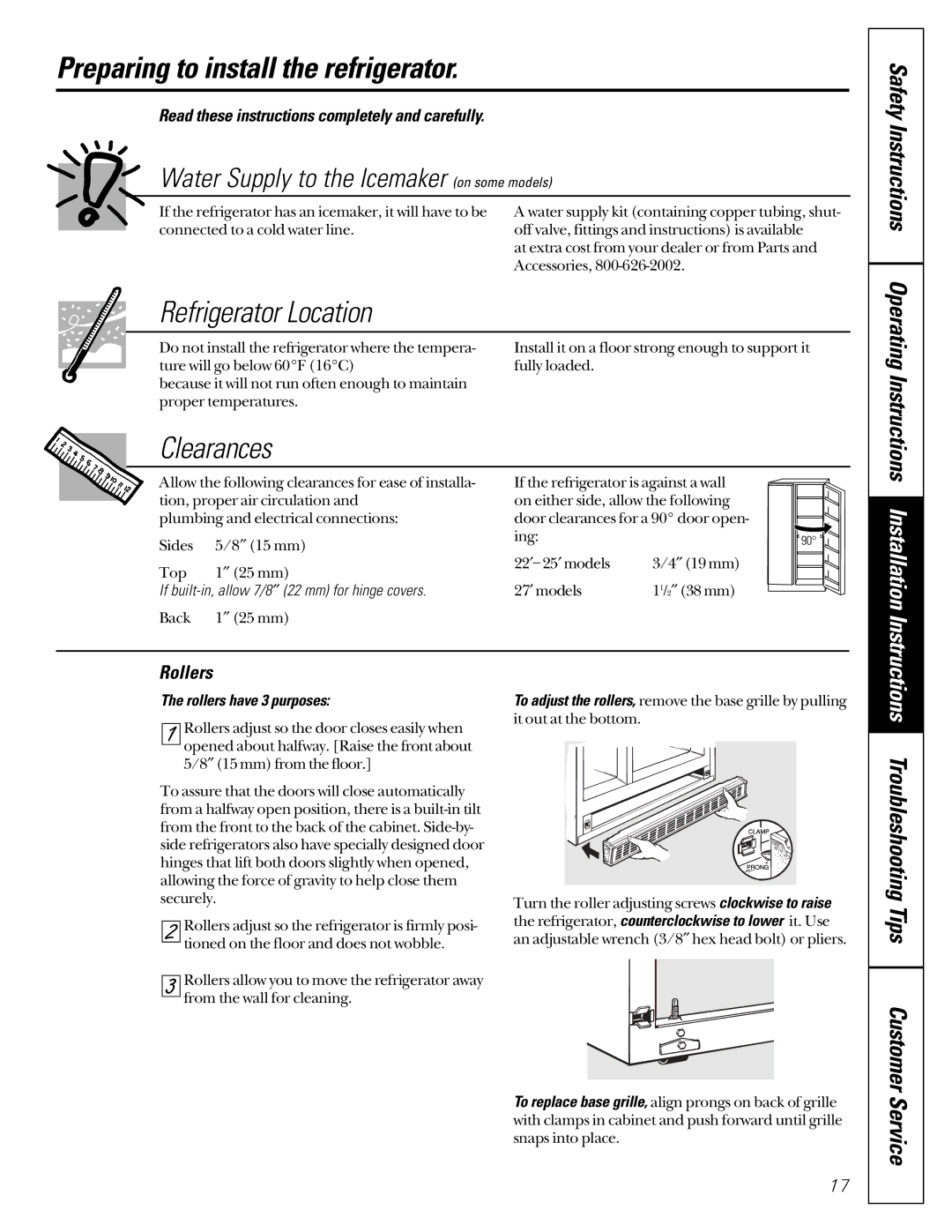 GE 22-27 owner manual Preparing to install the refrigerator, Refrigerator Location, Clearances 