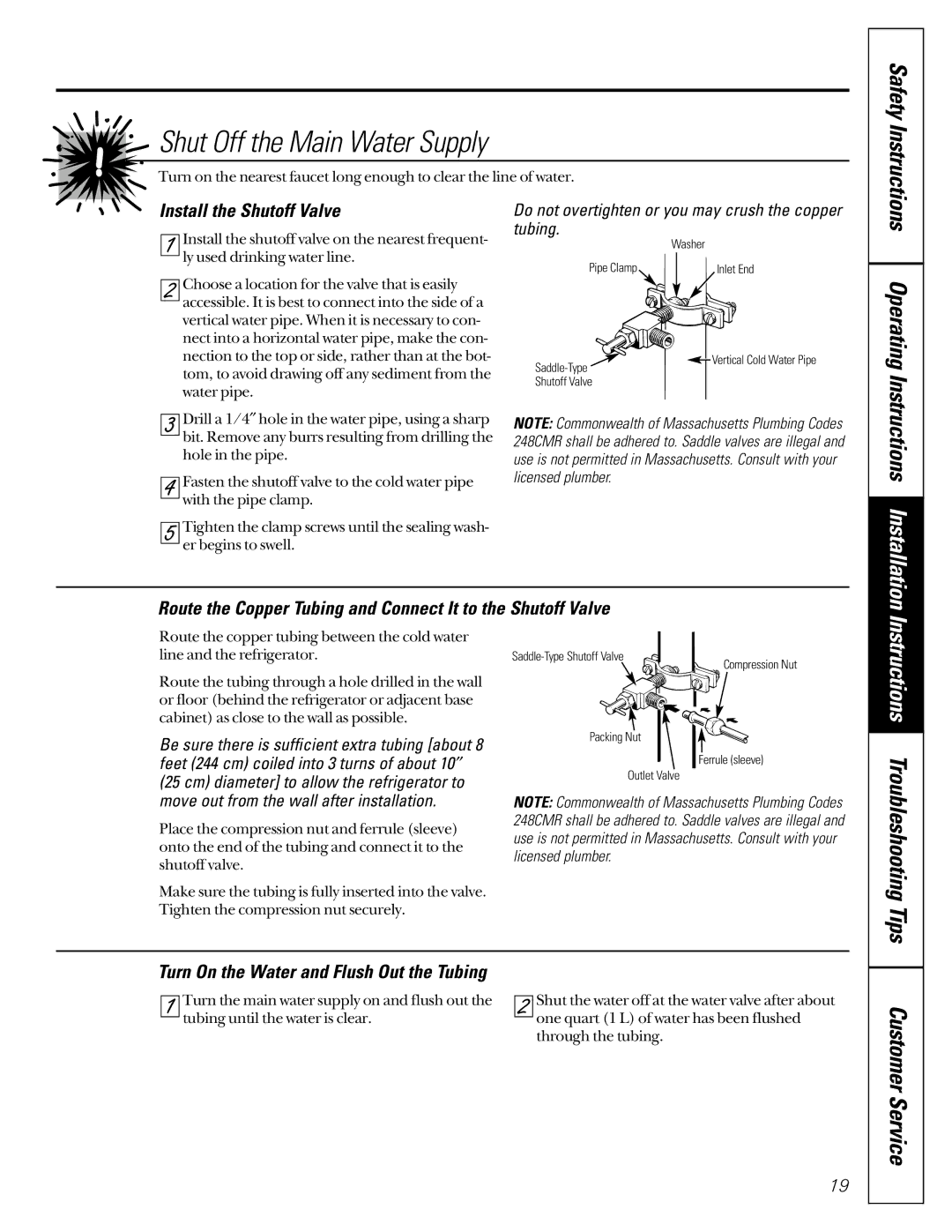 GE 22-27 owner manual Shut Off the Main Water Supply, Operating, Instructions Installation 