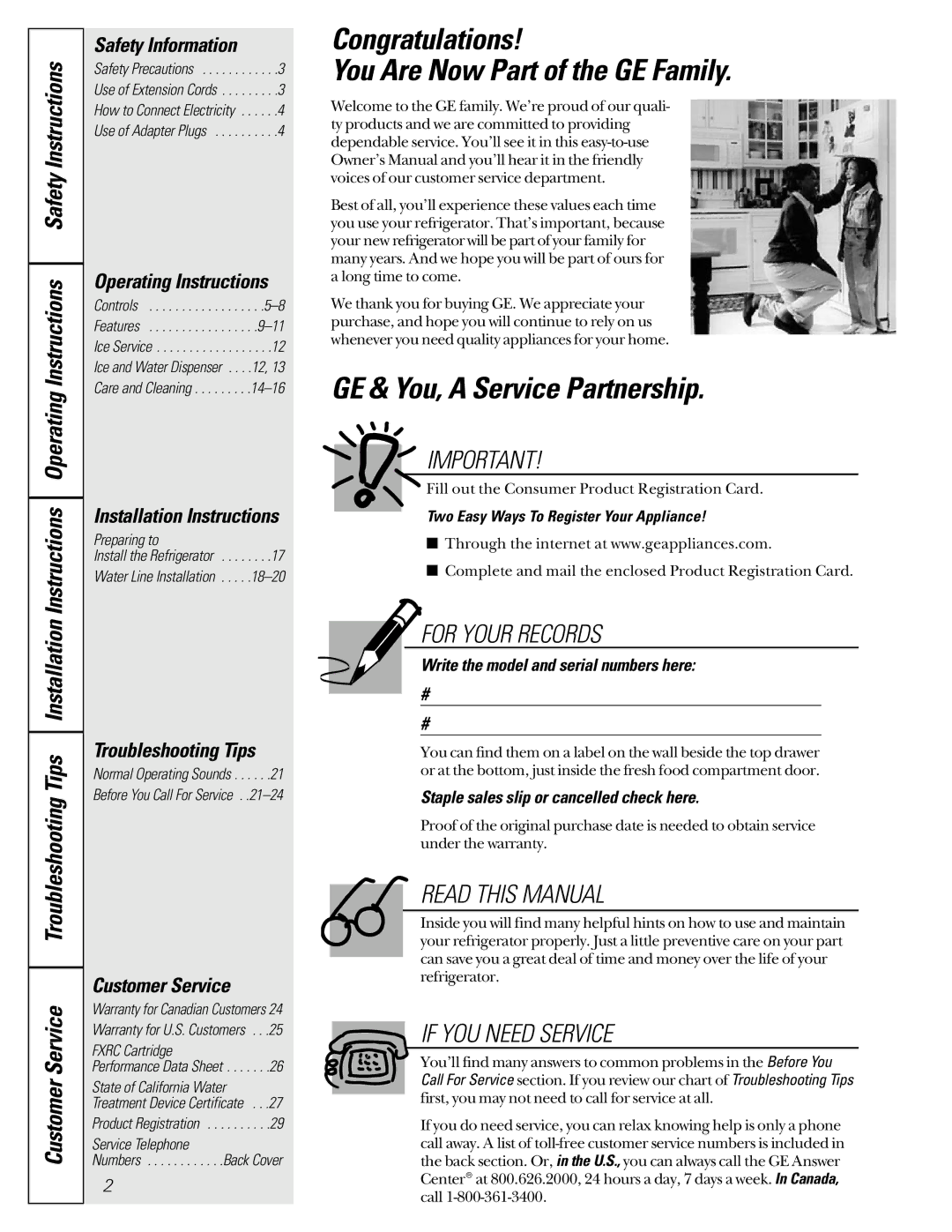 GE 22-27 owner manual Congratulations You Are Now Part of the GE Family, GE & You, a Service Partnership, Customer Service 