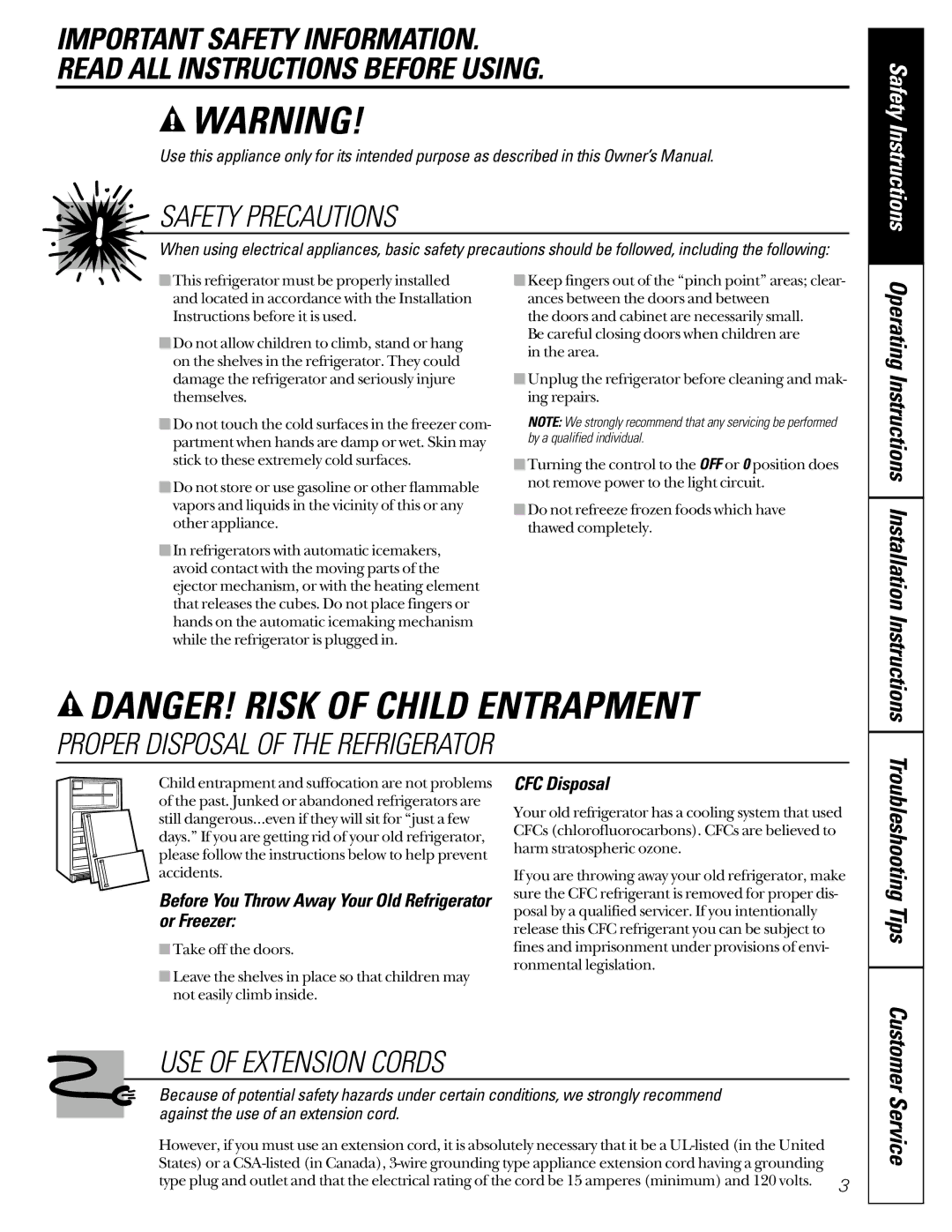 GE 22-27 owner manual Troubleshooting Tips, Before You Throw Away Your Old Refrigerator or Freezer, CFC Disposal 