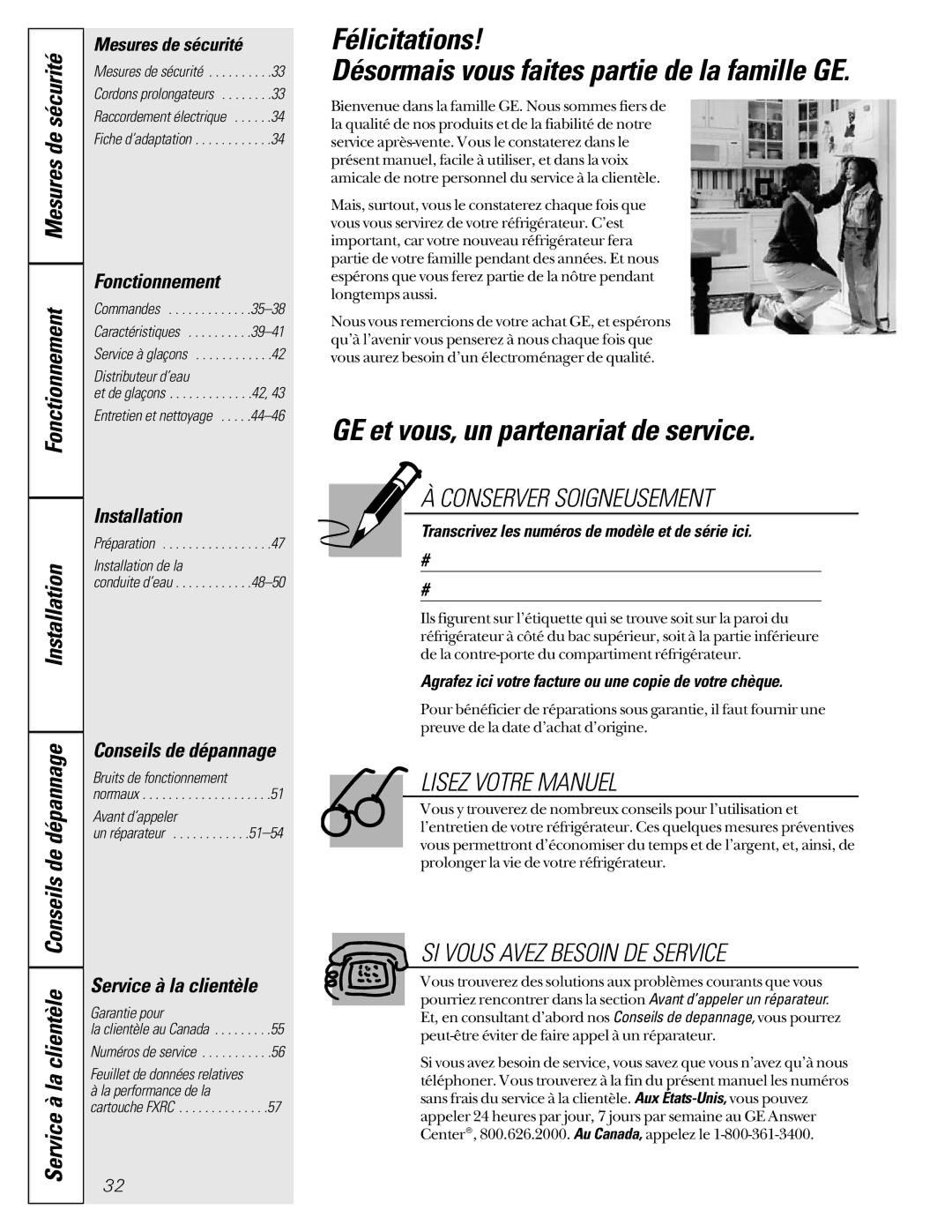 GE 22-27 owner manual Félicitations Désormais vous faites partie de la famille GE, GE et vous, un partenariat de service 