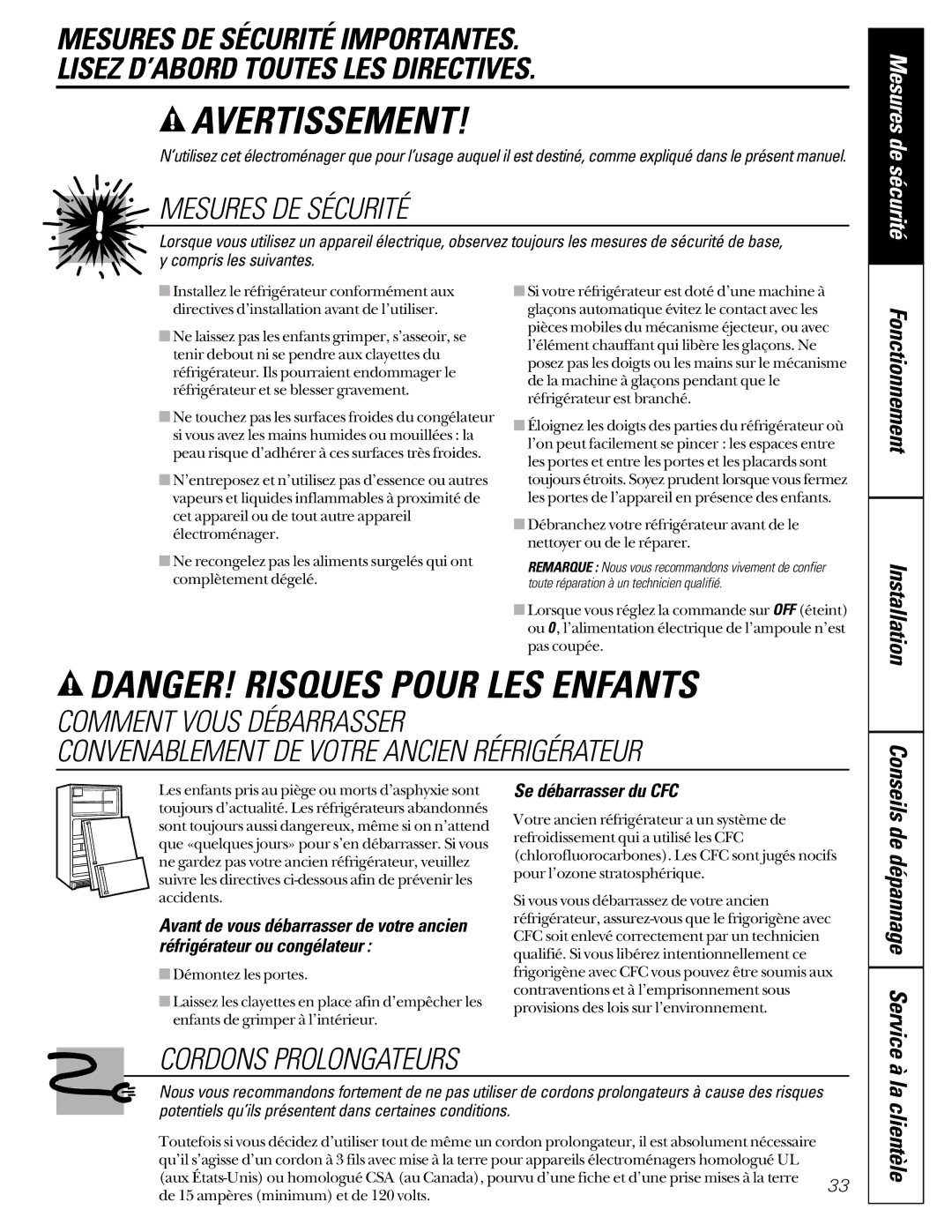 GE 22-27 owner manual La clientèle, Se débarrasser du CFC 