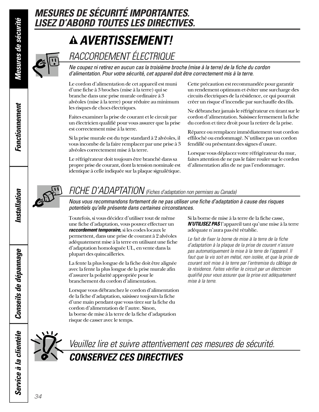 GE 22-27 owner manual Raccordement Électrique, Conseils de dépannage 