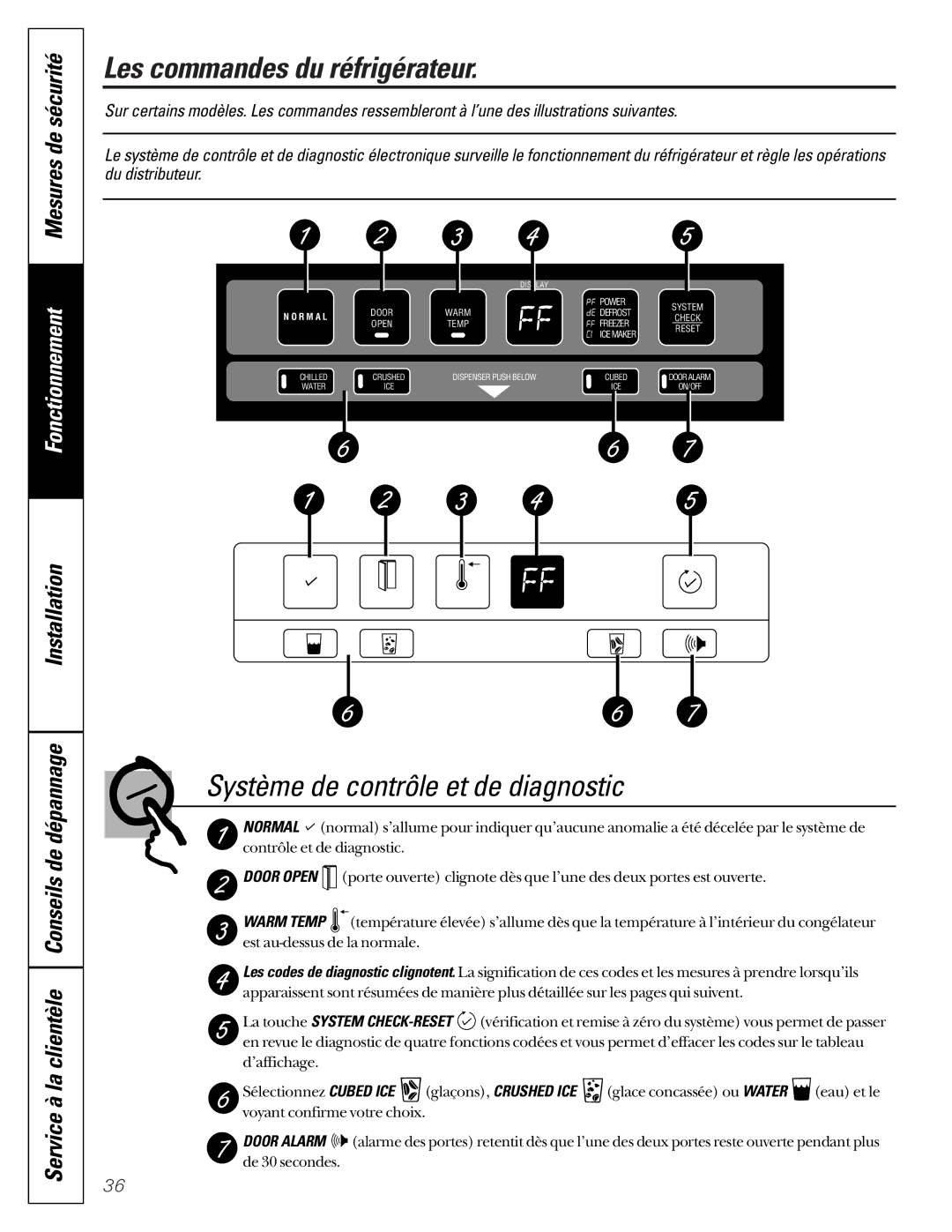 GE 22-27 owner manual Système de contrôle et de diagnostic, Installation Service à la clientèle Conseils de dépannage 