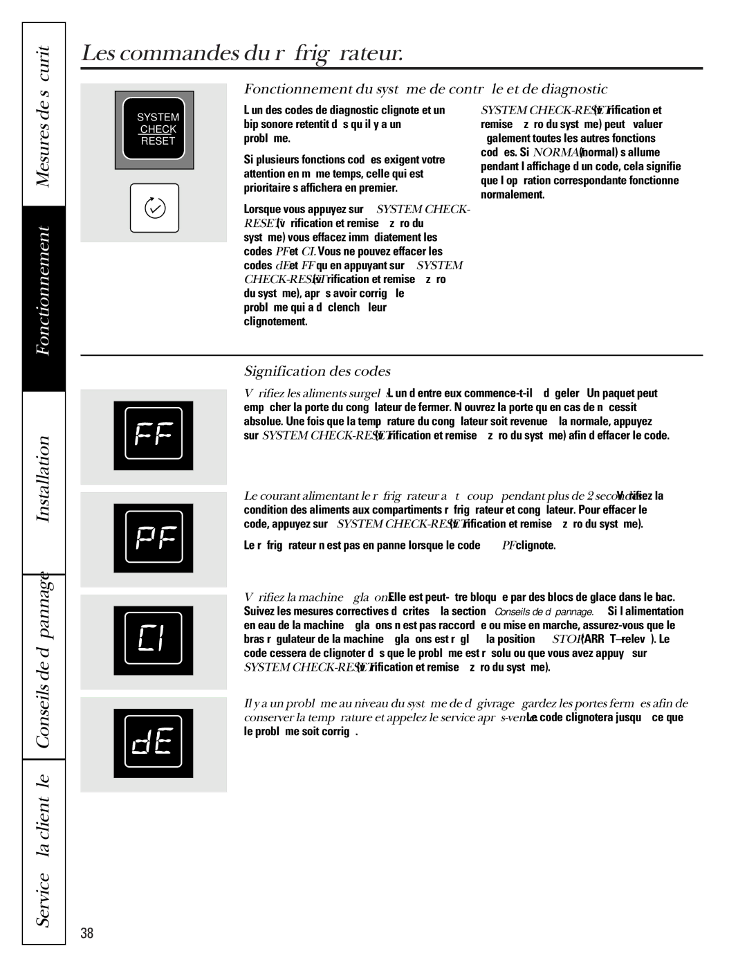 GE 22-27 owner manual Fonctionnement du système de contrôle et de diagnostic, Signification des codes 