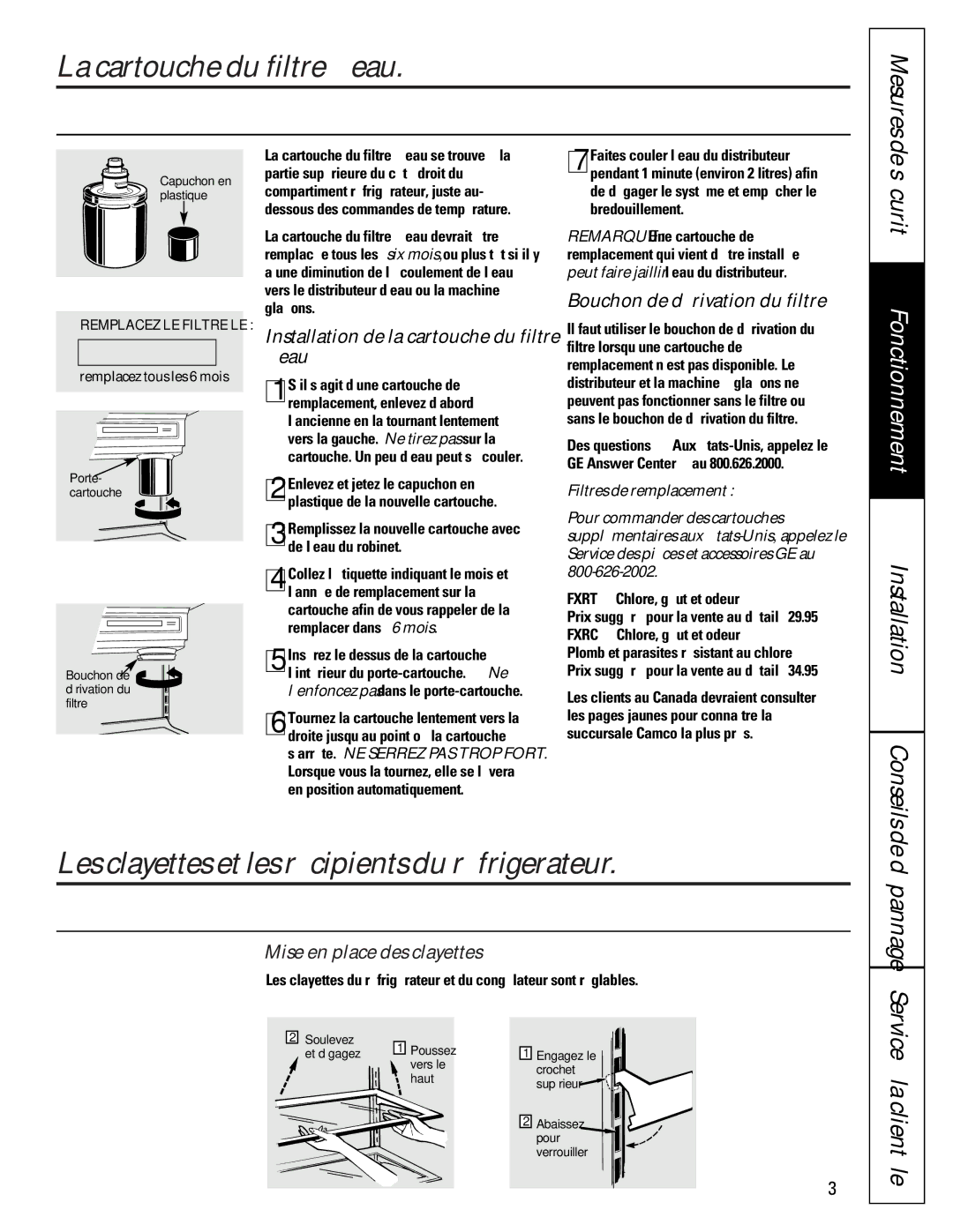 GE 22-27 La cartouche du filtre à eau, Les clayettes et les récipients du réfrigerateur, Mesures, Dépannage, Conseils de 