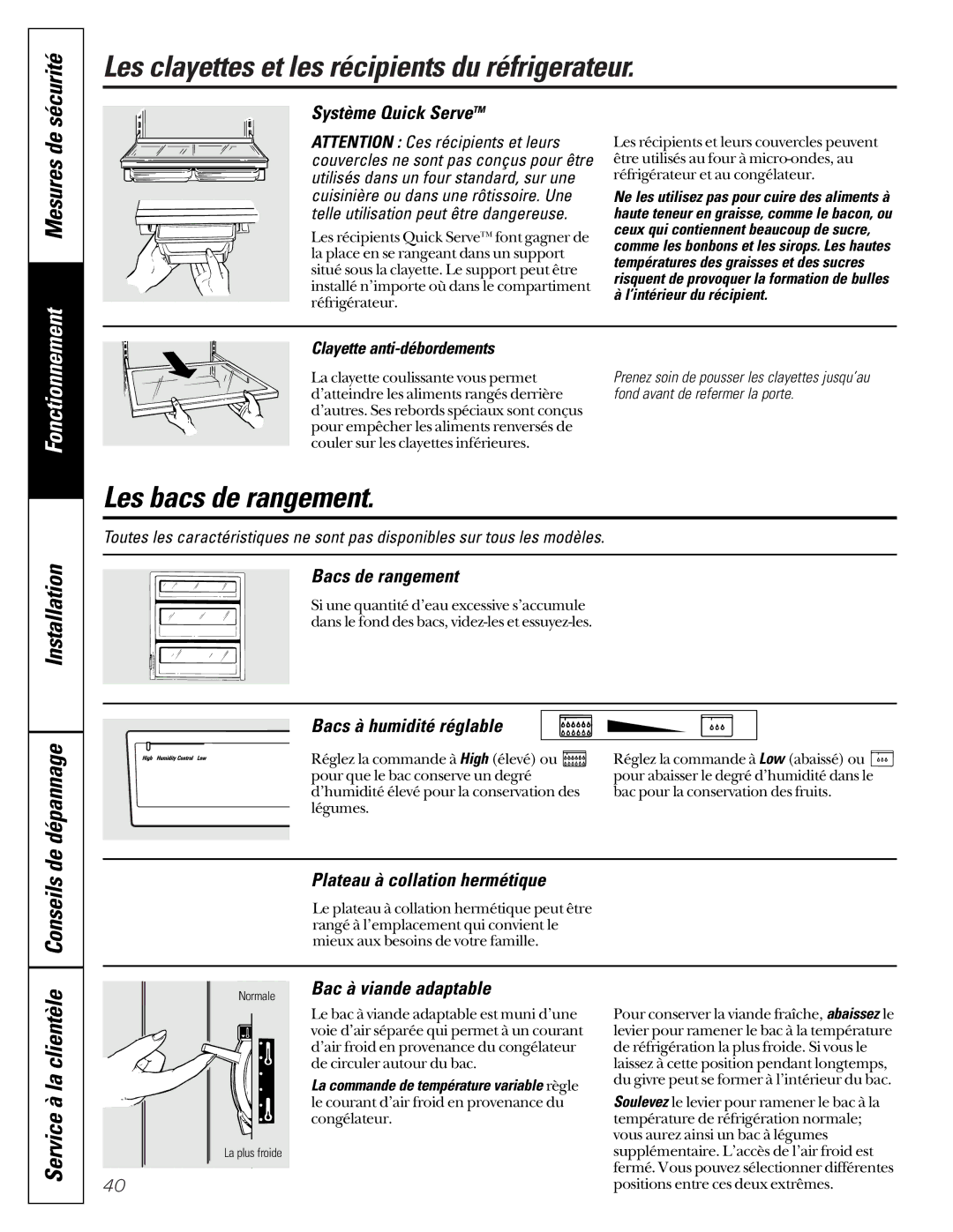 GE 22-27 Les bacs de rangement, Sécurité, Mesures de, Installation Conseils de dépannage, Service à la clientèle 