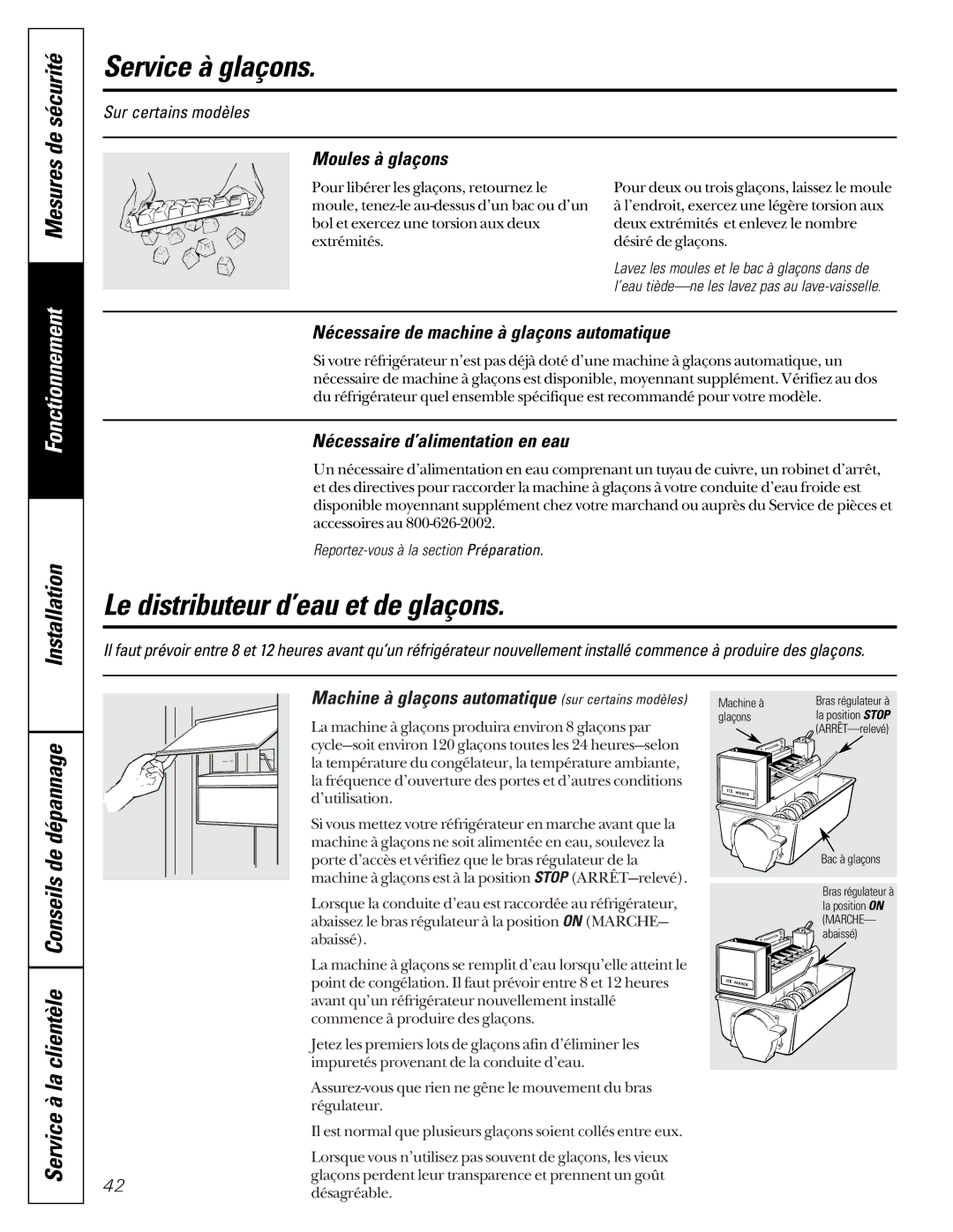 GE 22-27 Service à glaçons, Le distributeur d’eau et de glaçons, Moules à glaçons, Nécessaire d’alimentation en eau 