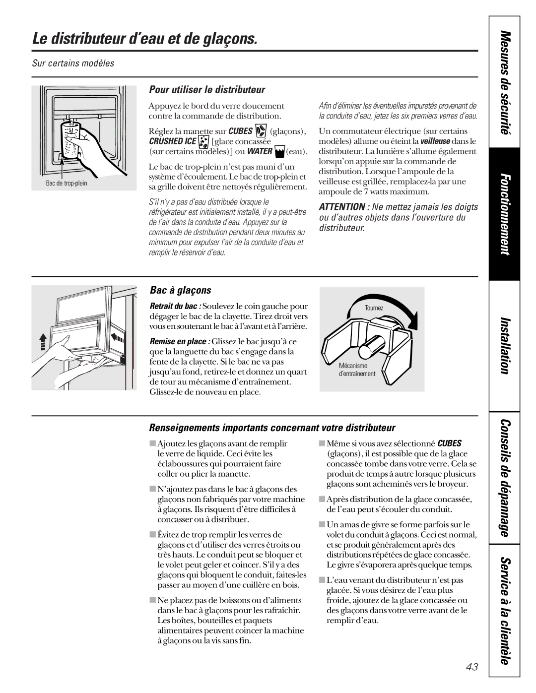 GE 22-27 Conseils de dépannage Service à la clientèle, Pour utiliser le distributeur, Bac à glaçons, Mesures de 