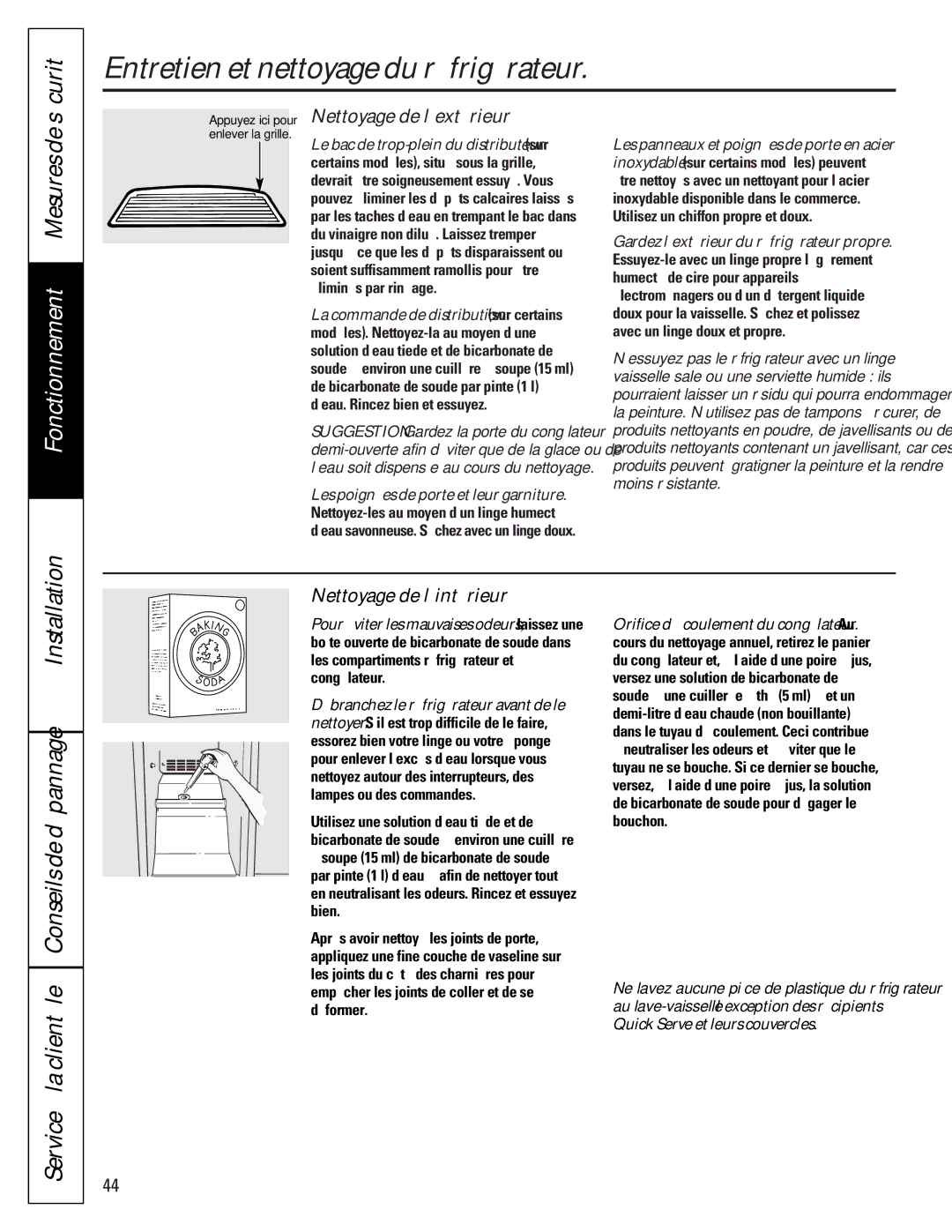 GE 22-27 owner manual Entretien et nettoyage du réfrigérateur, Nettoyage de l’extérieur, Nettoyage de l’intérieur 