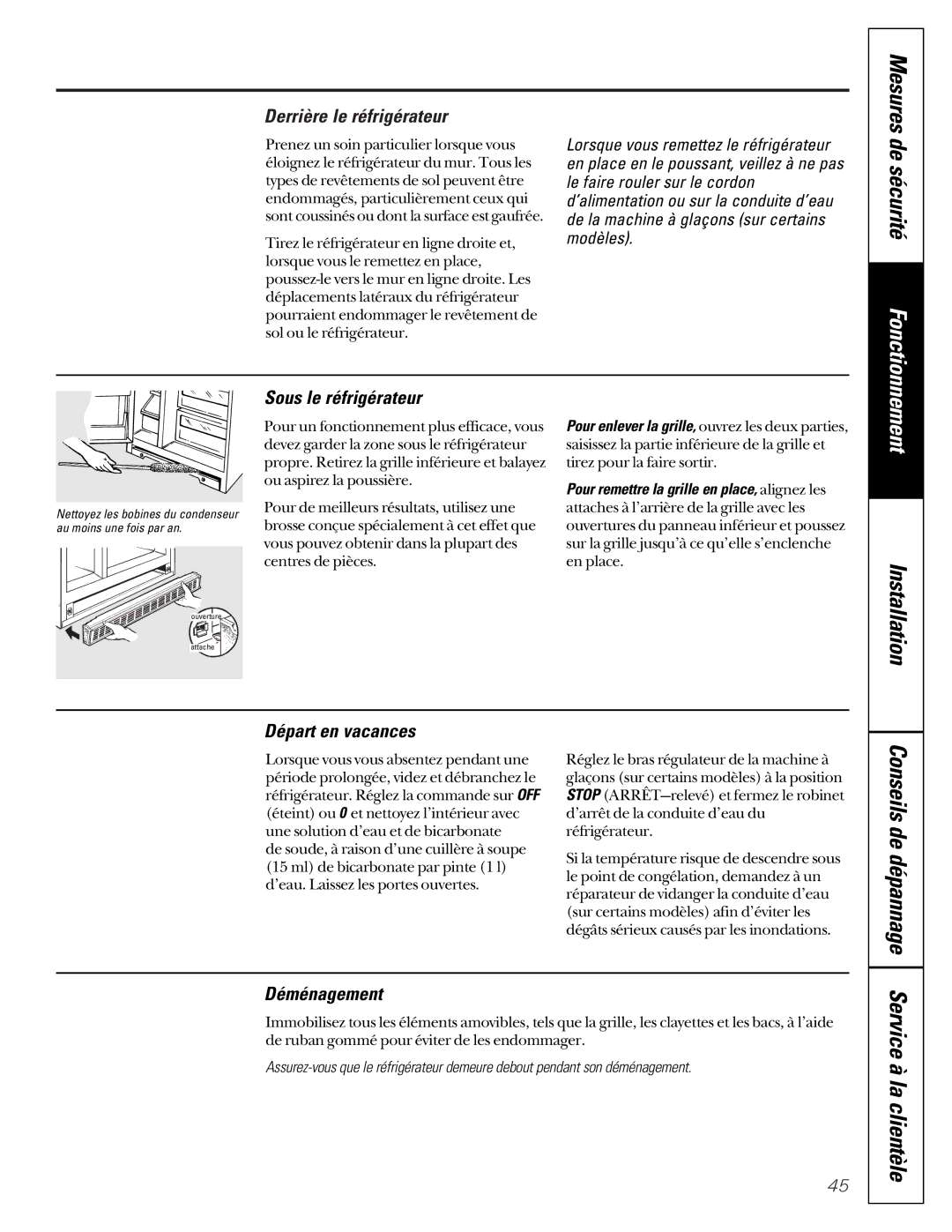 GE 22-27 owner manual Derrière le réfrigérateur, Sous le réfrigérateur, Départ en vacances, Déménagement 