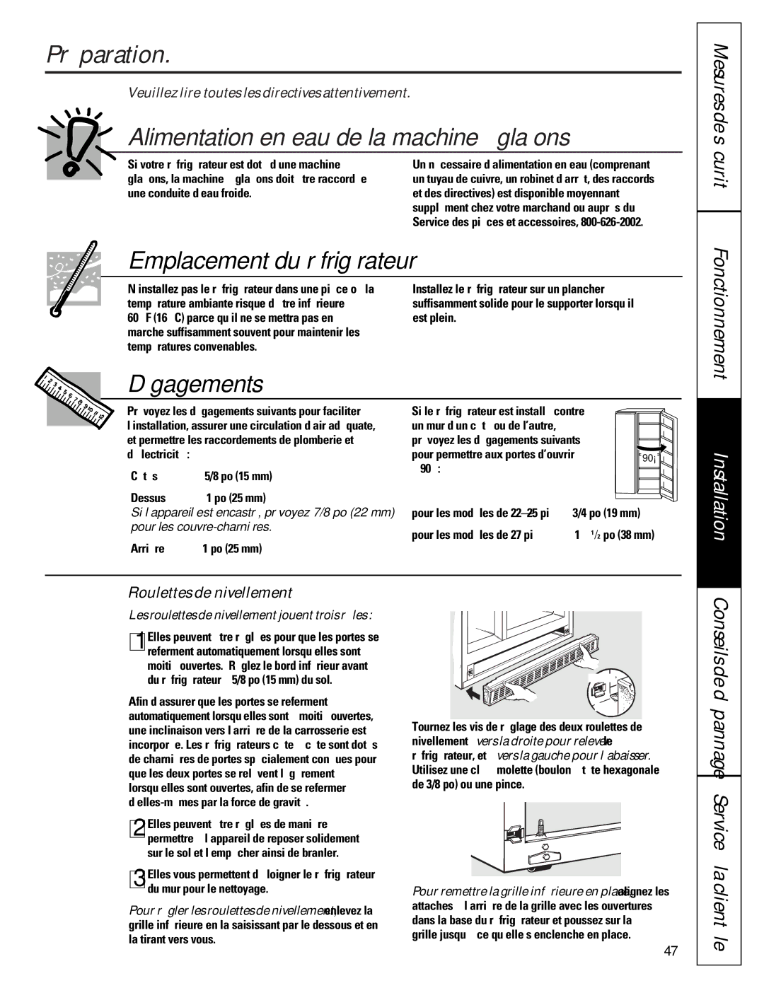 GE 22-27 owner manual Préparation, Emplacement du réfrigérateur, Dégagements, Mesures de sécurité Fonctionnement 