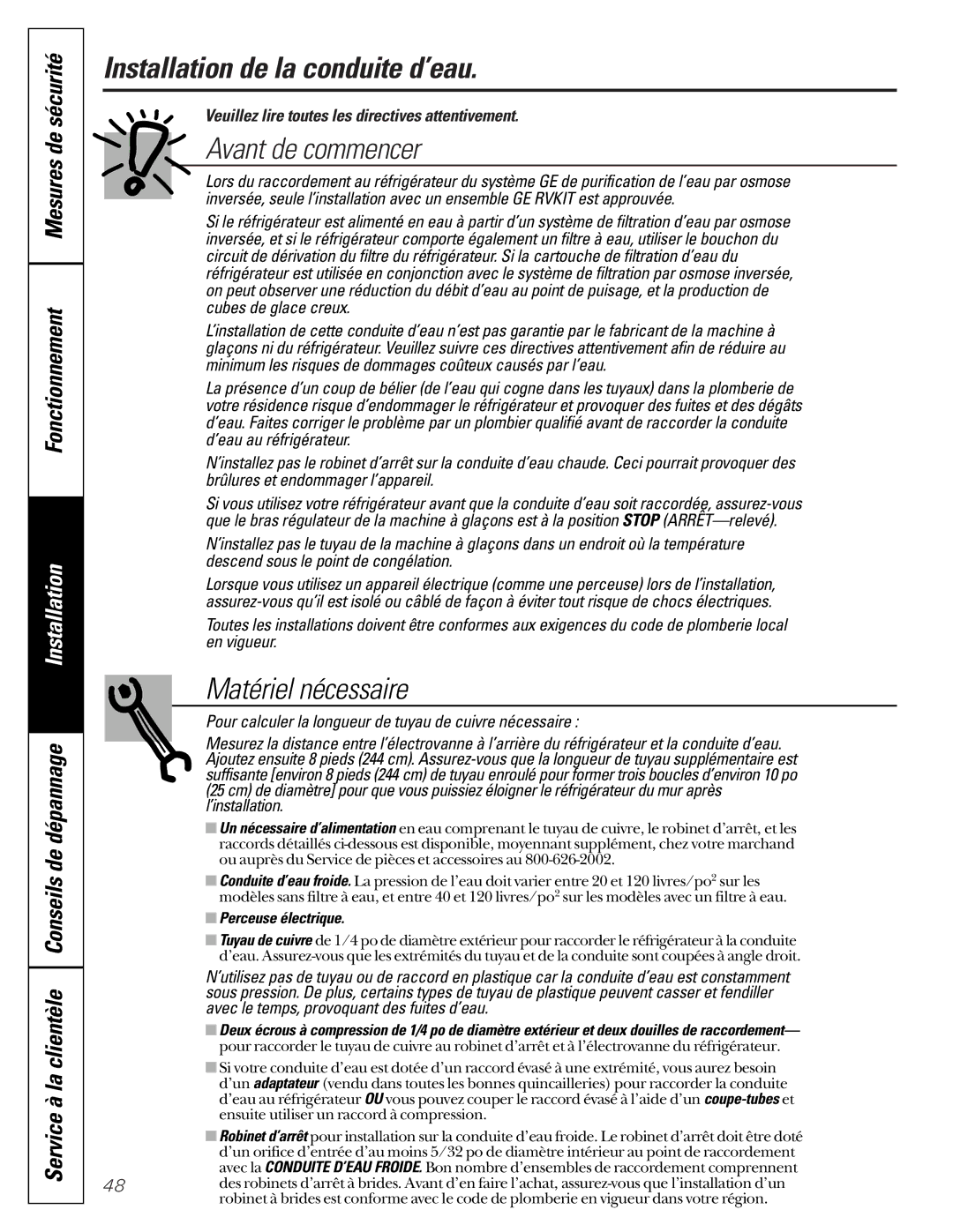 GE 22-27 owner manual Installation de la conduite d’eau, Avant de commencer, Matériel nécessaire, Perceuse électrique 