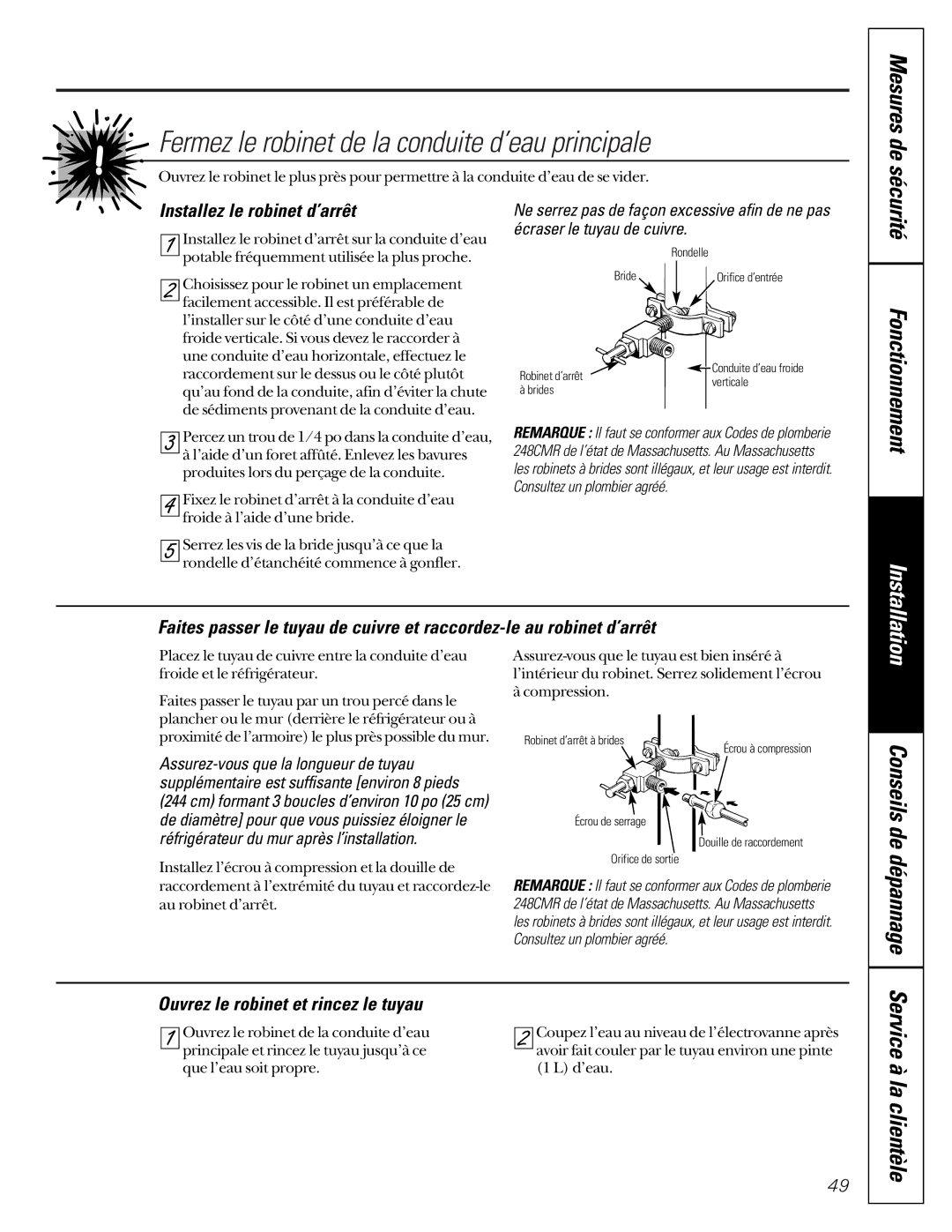GE 22-27 owner manual Conseils de, Installez le robinet d’arrêt, Ouvrez le robinet et rincez le tuyau, Mesures de sécurité 