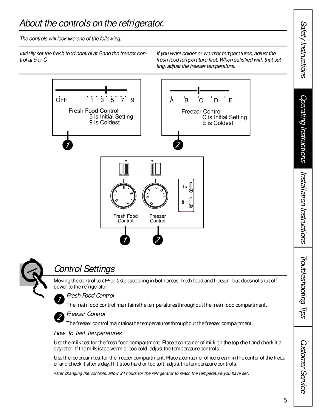 GE 22-27 owner manual About the controls on the refrigerator, Control Settings, Fresh Food Control, Freezer Control 