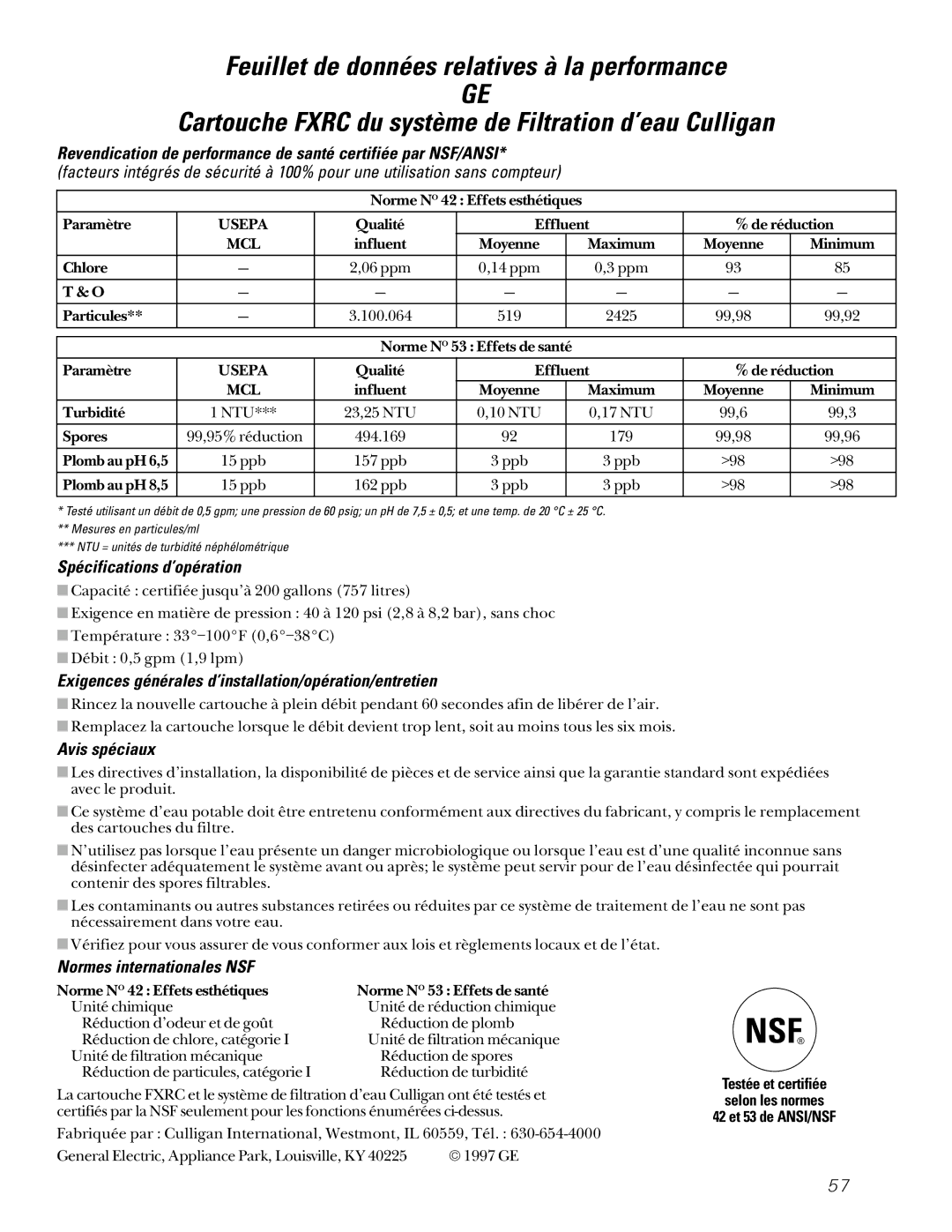 GE 22-27 owner manual Spécifications d’opération, Exigences générales d’installation/opération/entretien, Avis spéciaux 