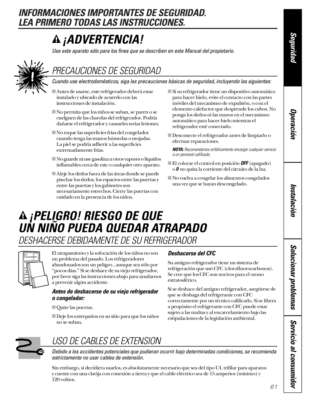 GE 22-27 Al consumidor, Solucionar problemas Servicio, Antes de deshacerse de su viejo refrigerador o congelador 