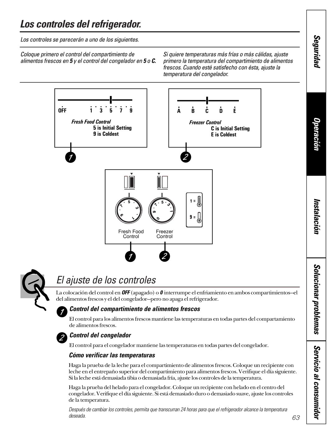 GE 22-27 owner manual Los controles del refrigerador, El ajuste de los controles, Seguridad 