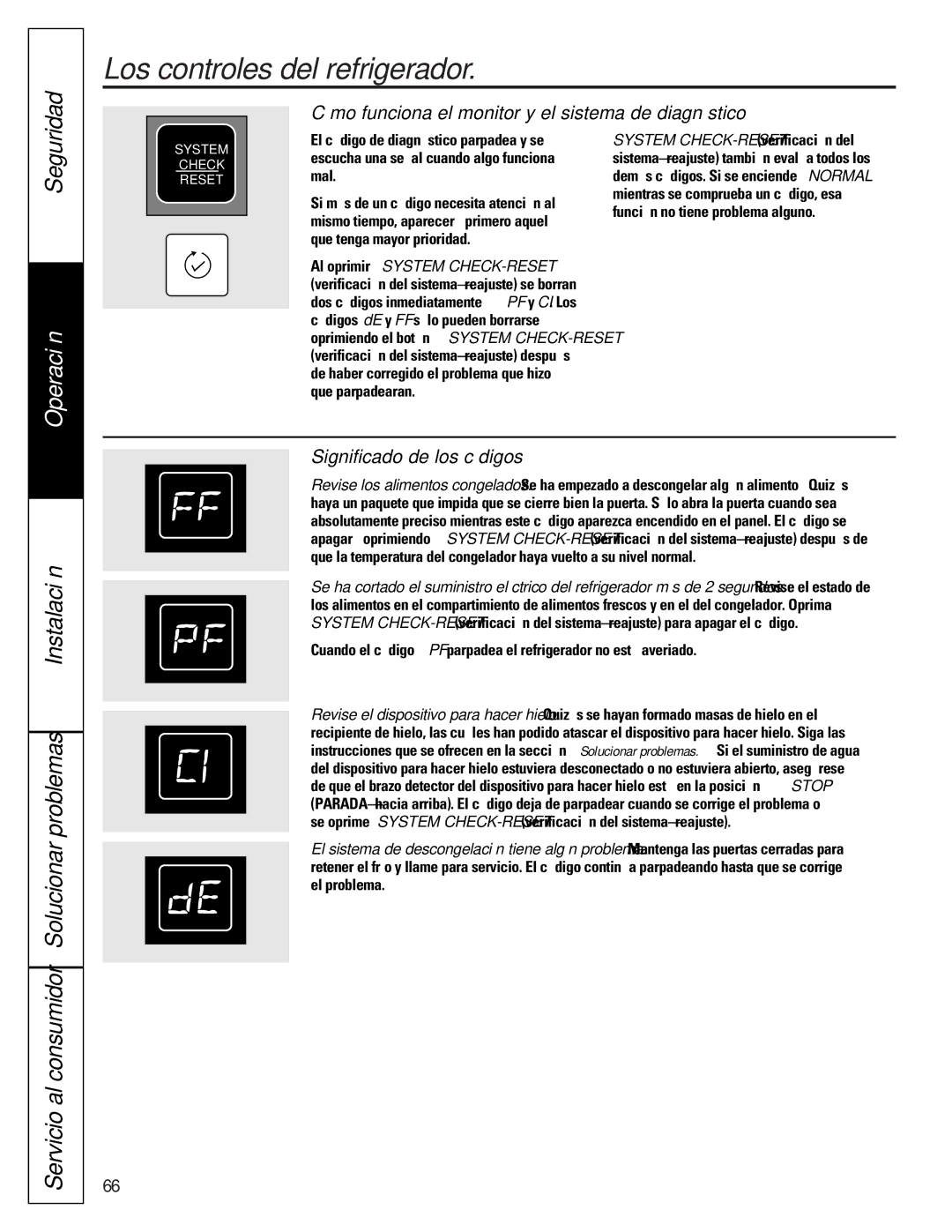 GE 22-27 Cómo funciona el monitor y el sistema de diagnóstico, Significado de los códigos, Al oprimir System CHECK-RESET 