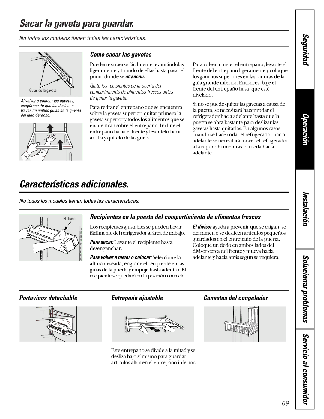 GE 22-27 owner manual Sacar la gaveta para guardar, Características adicionales, Solucionar, Como sacar las gavetas 