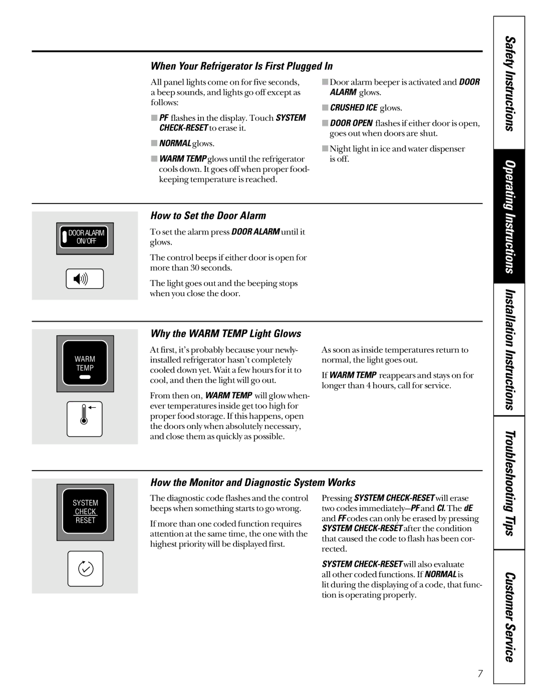 GE 22-27 owner manual Safety, Tips Customer Service, When Your Refrigerator Is First Plugged, How to Set the Door Alarm 