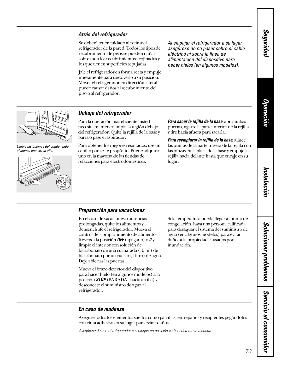 GE 22-27 owner manual Atrás del refrigerador, Debajo del refrigerador, Preparación para vacaciones, En caso de mudanza 