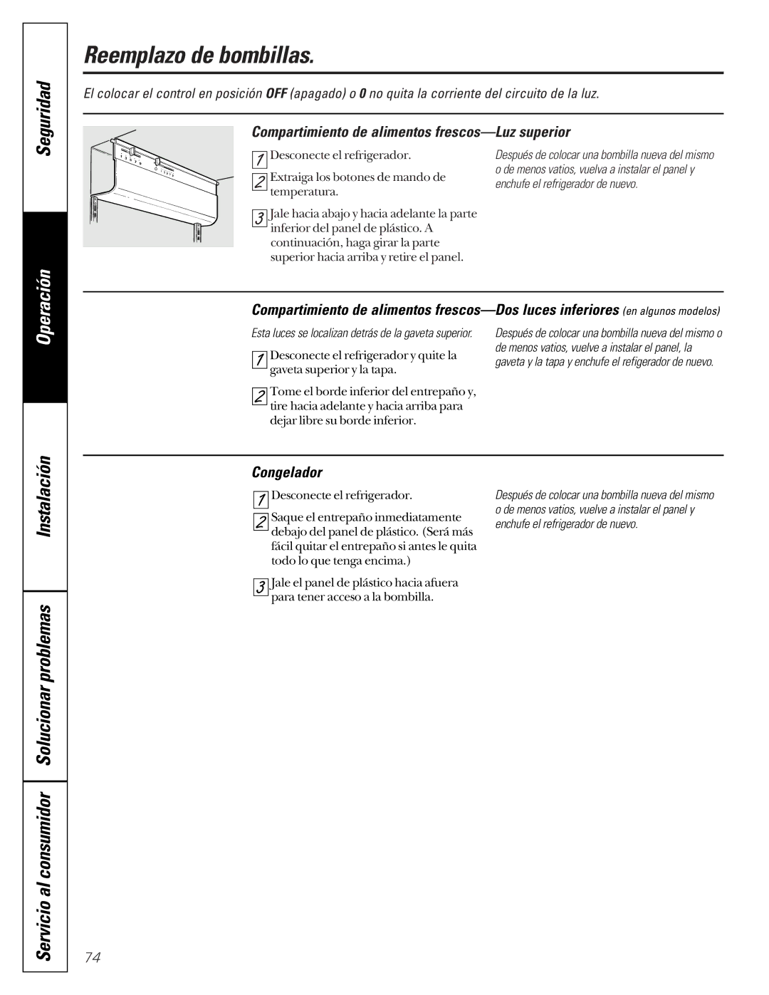 GE 22-27 owner manual Reemplazo de bombillas, Compartimiento de alimentos frescos-Luz superior, Congelador 