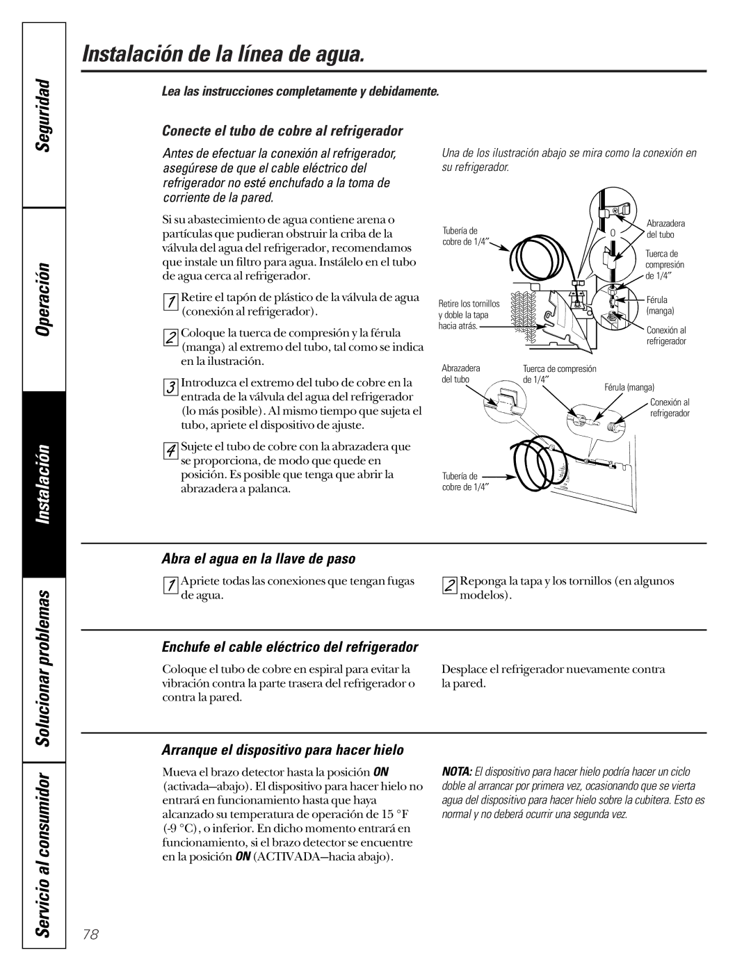 GE 22-27 owner manual Conecte el tubo de cobre al refrigerador, Abra el agua en la llave de paso 