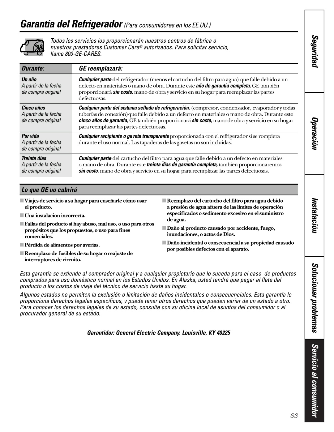 GE 22-27 owner manual Durante GE reemplazará, Lo que GE no cubrirá, Garantidor General Electric Company. Louisville, KY 