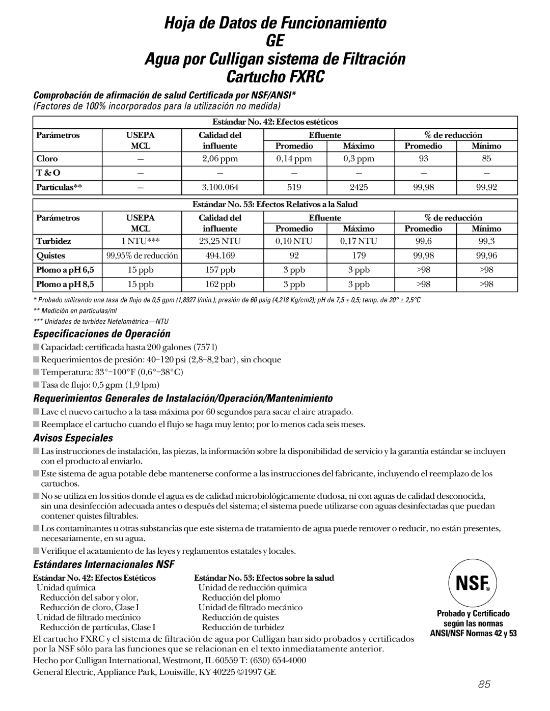 GE 22-27 owner manual Especificaciones de Operación, Avisos Especiales, Estándares Internacionales NSF 