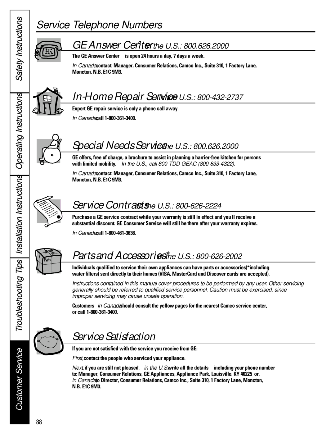 GE 22-27 owner manual Service Telephone Numbers, Service Satisfaction 