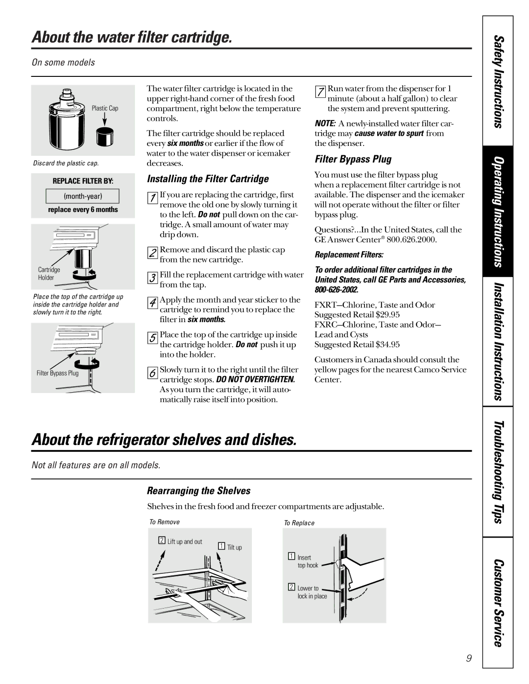 GE 22-27 About the water filter cartridge, About the refrigerator shelves and dishes, Installing the Filter Cartridge 