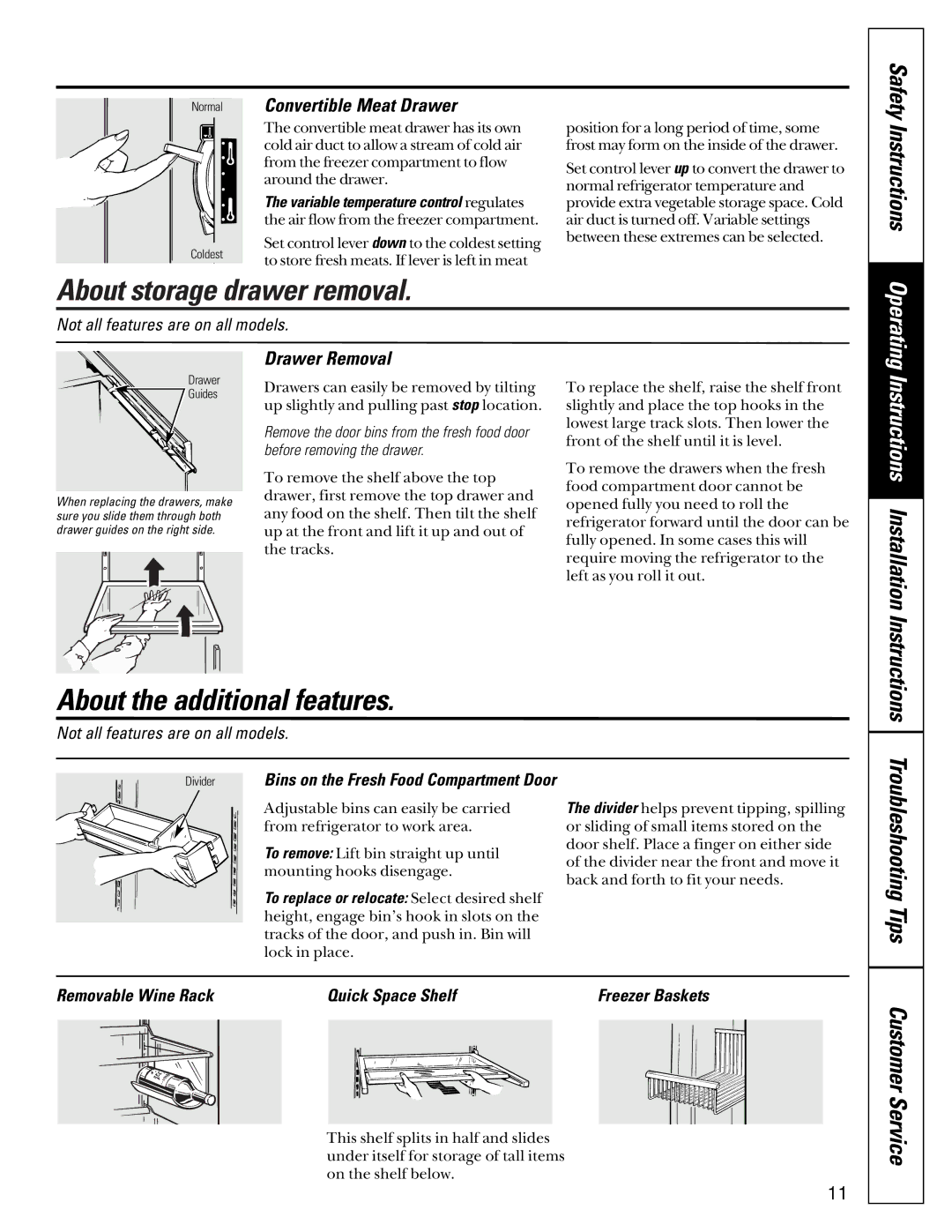 GE 22-27 About storage drawer removal, About the additional features, Safety Instructions, Convertible Meat Drawer 