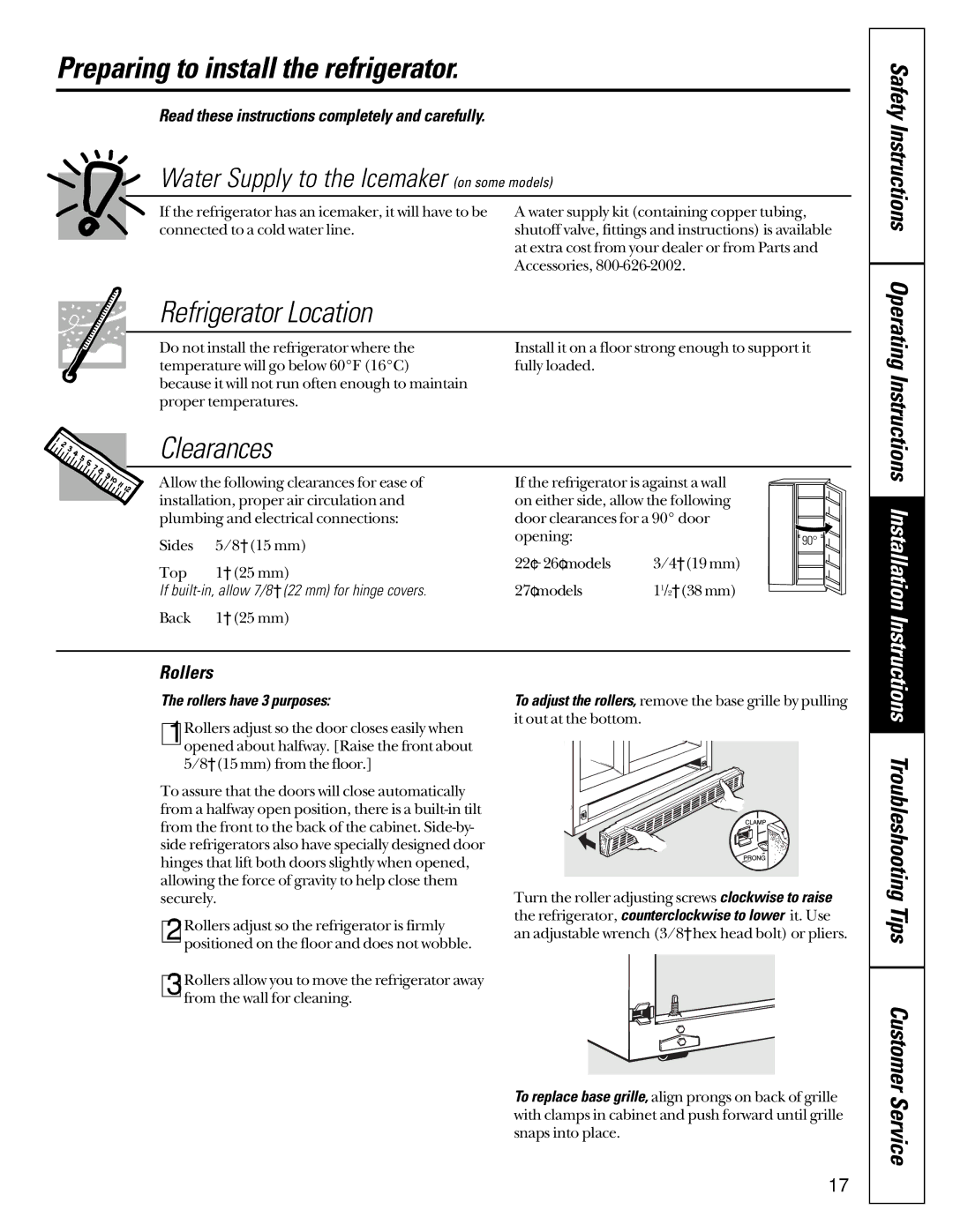 GE 22-27 owner manual Preparing to install the refrigerator, Refrigerator Location, Clearances 