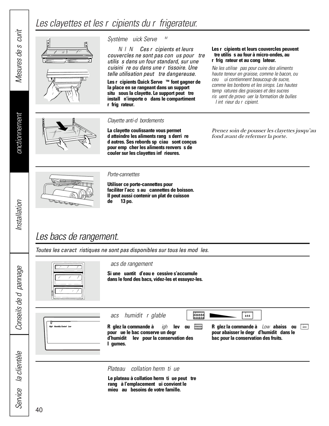 GE 22-27 owner manual Les bacs de rangement, Sécurité, Mesures de 