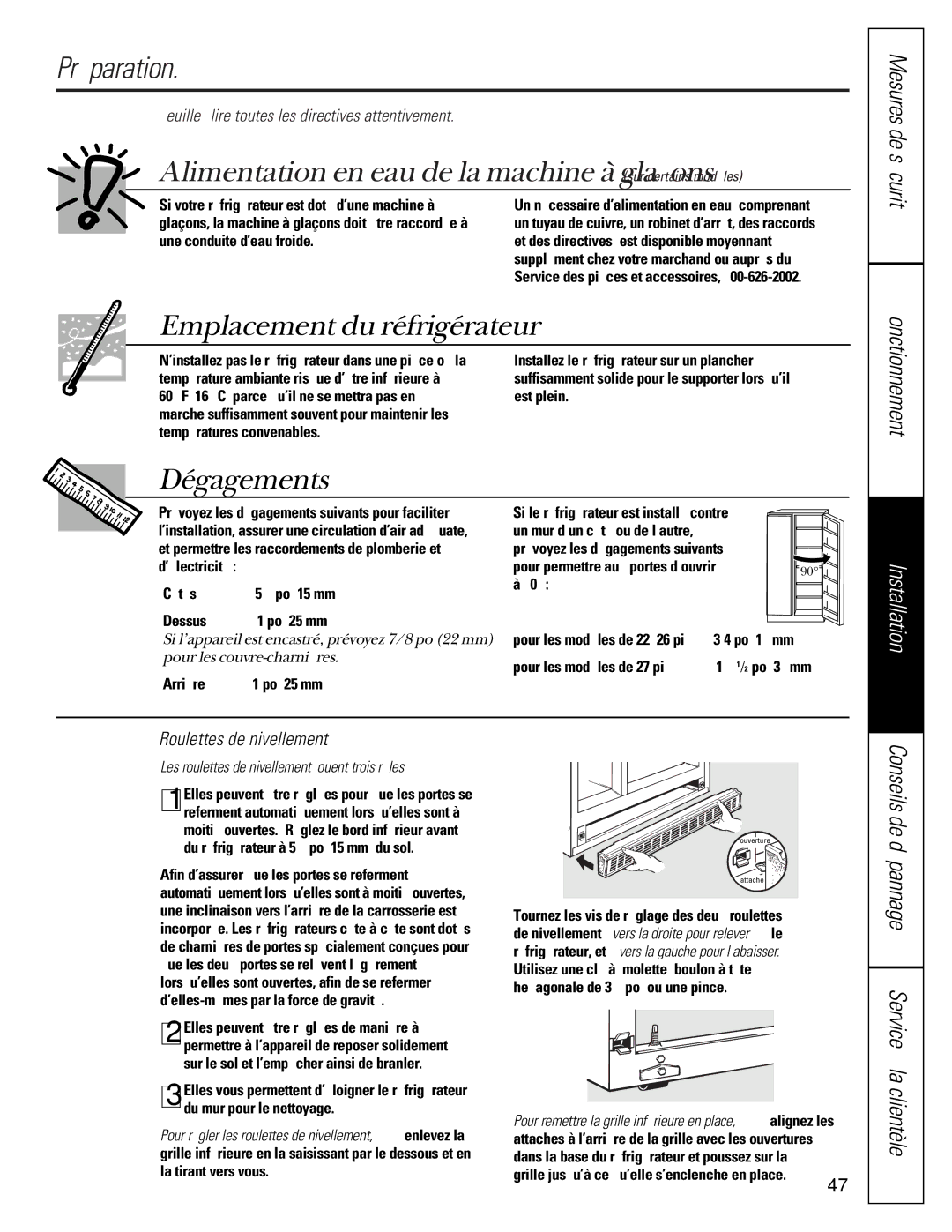 GE 22-27 owner manual Préparation, Emplacement du réfrigérateur, Dégagements, Mesures de sécurité Fonctionnement 