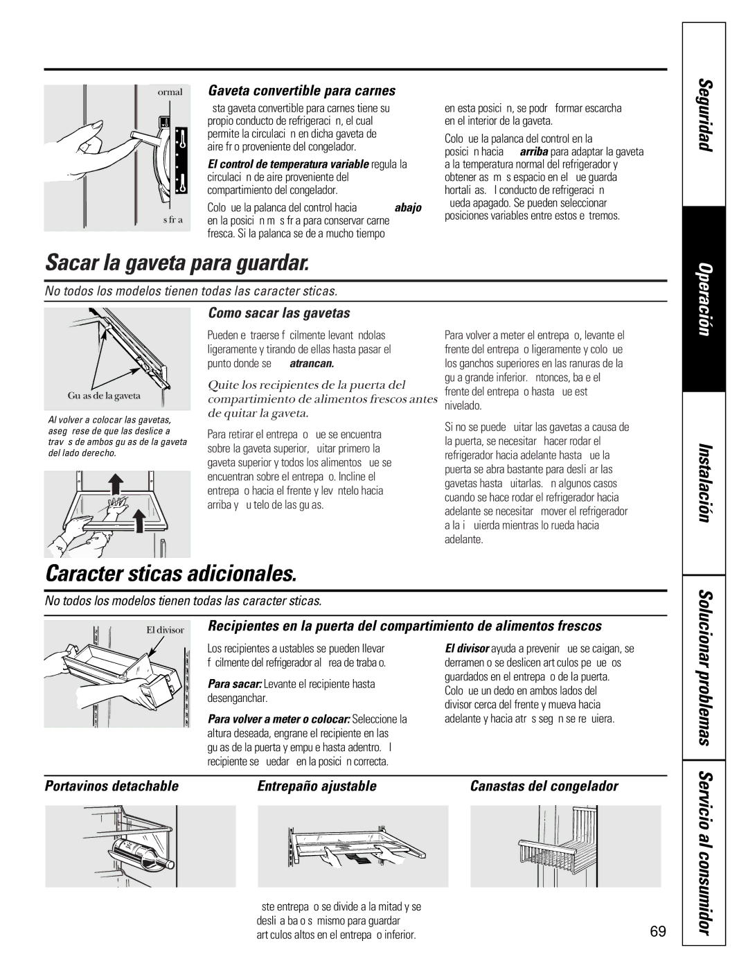 GE 22-27 Sacar la gaveta para guardar, Características adicionales, Gaveta convertible para carnes, Como sacar las gavetas 