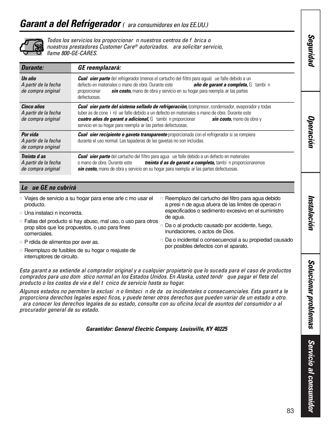 GE 22-27 owner manual Durante GE reemplazará, Lo que GE no cubrirá, Garantidor General Electric Company. Louisville, KY 