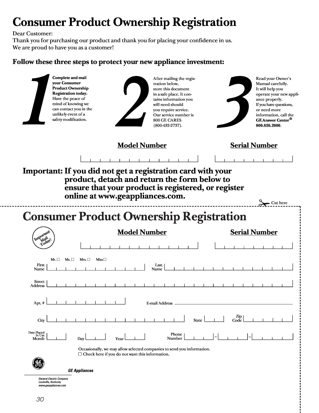 GE 22-27 owner manual Model Number, Serial Number, Dear Customer, Consumer Product Ownership Registration 