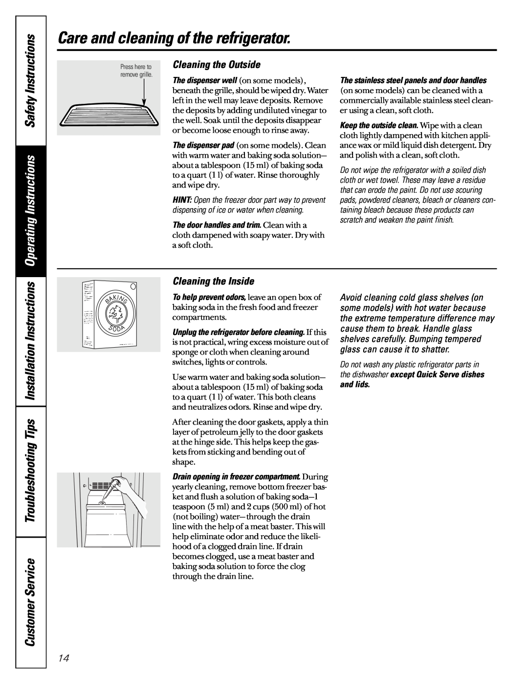 GE 22-27 owner manual Care and cleaning of the refrigerator, Cleaning the Outside, Cleaning the Inside, CustomerService 
