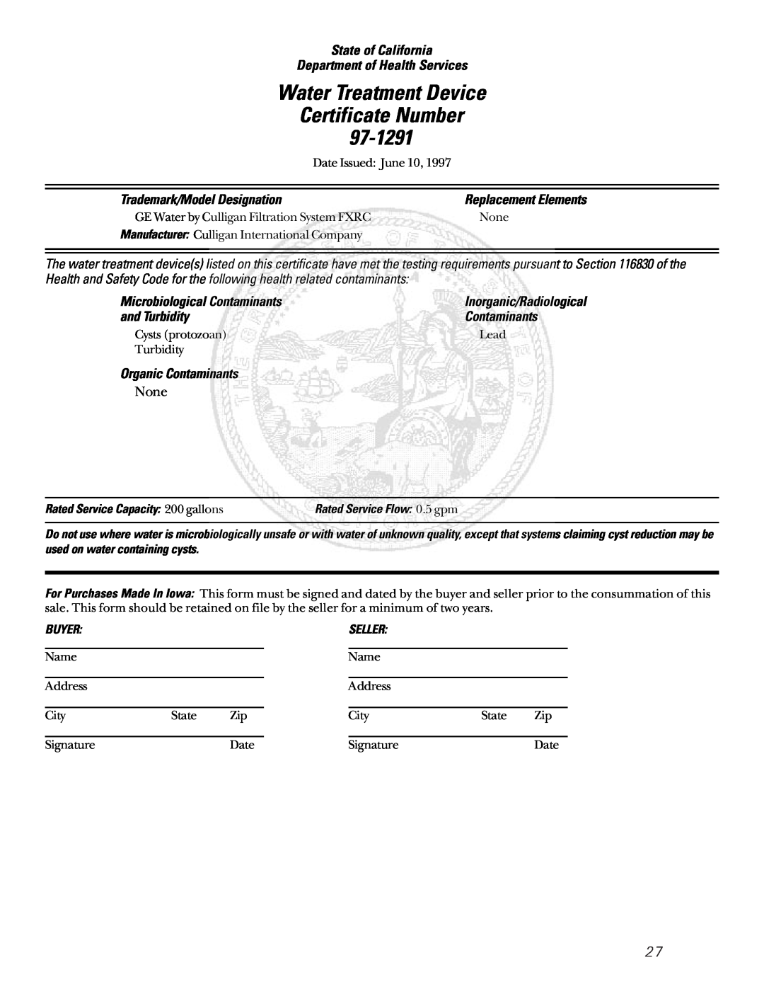 GE 22-27 Water Treatment Device Certificate Number 97-1291, State of California Department of Health Services, None, Lead 