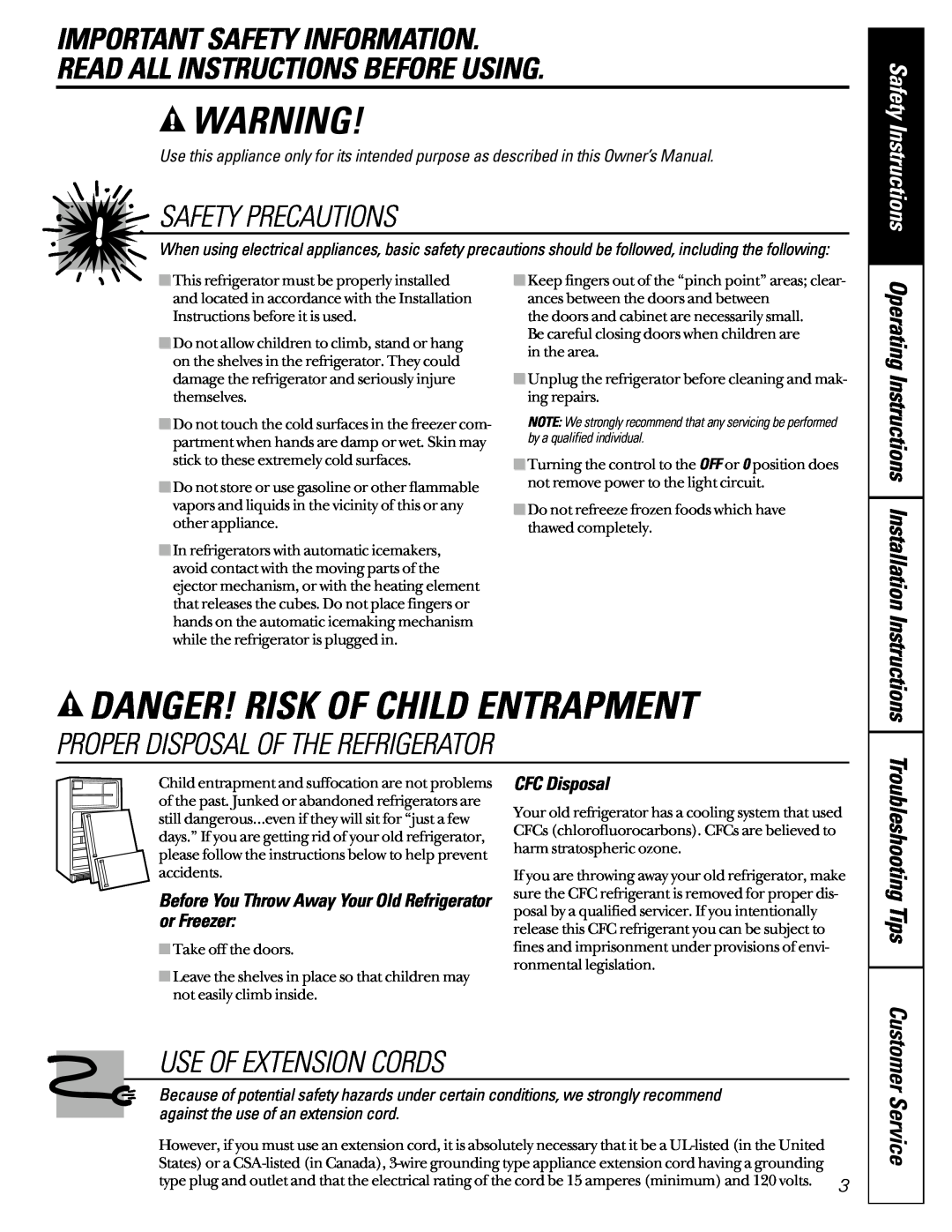 GE 22-27 Danger! Risk Of Child Entrapment, Important Safety Information, Read All Instructions Before Using, CFC Disposal 
