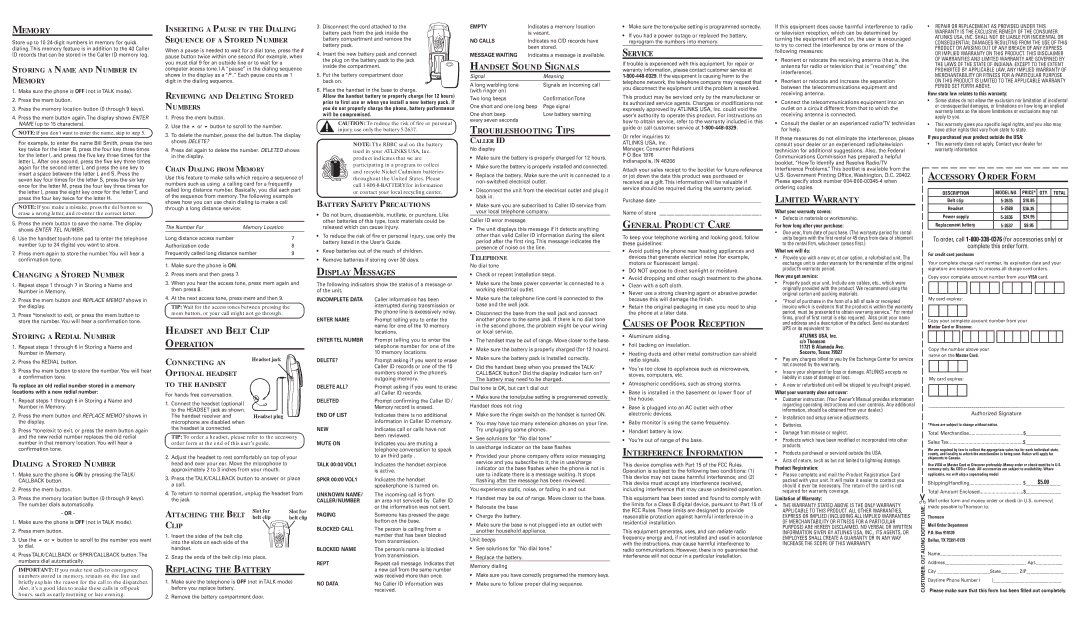 GE 22430 Memory, Headset and Belt Clip Operation, Display Messages, Handset Sound Signals, Troubleshooting Tips, Service 