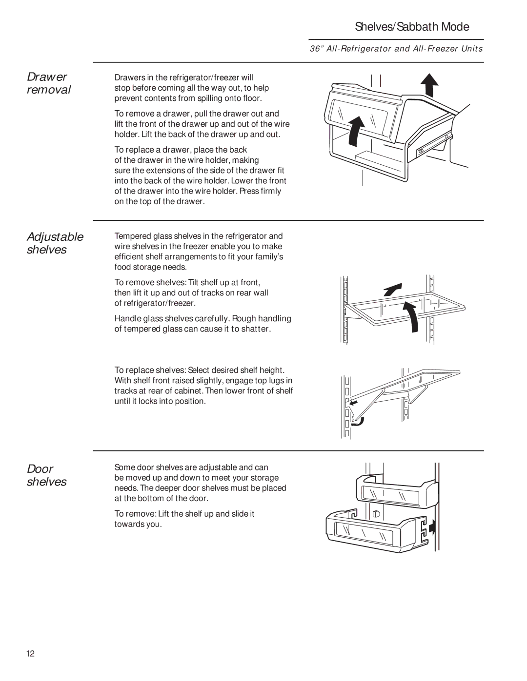 GE 224D2602P001 owner manual Drawer removal, Shelves/Sabbath Mode, To replace a drawer, place the back 