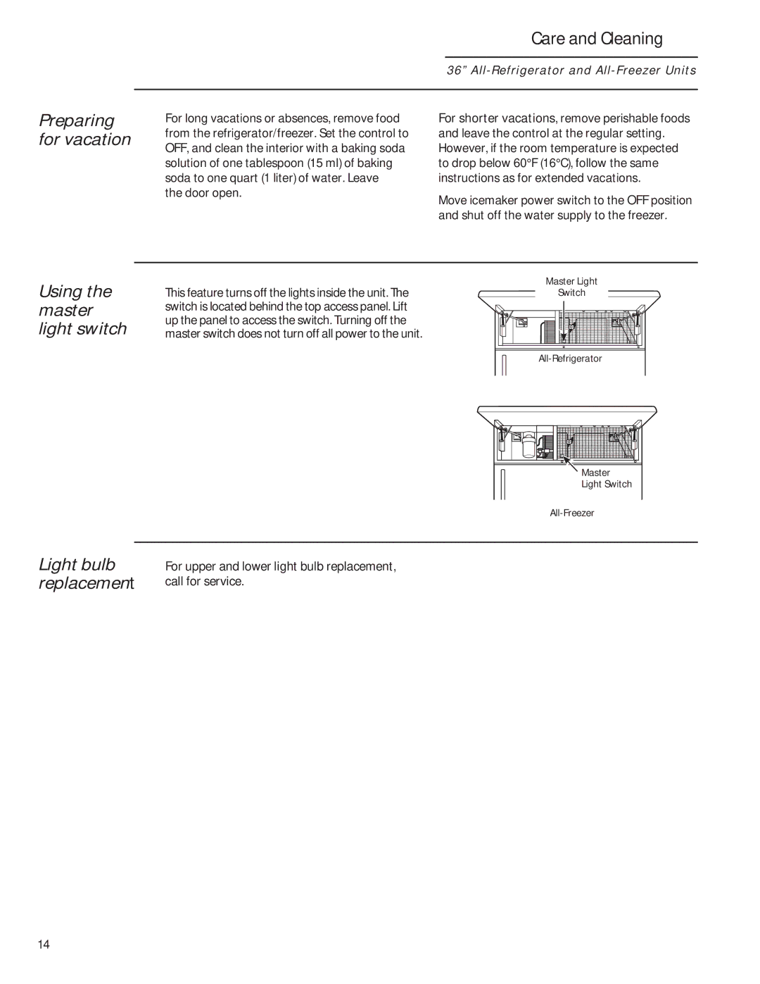 GE 224D2602P001 owner manual Care and Cleaning, Preparing for vacation, Using the master light switch, Door open 