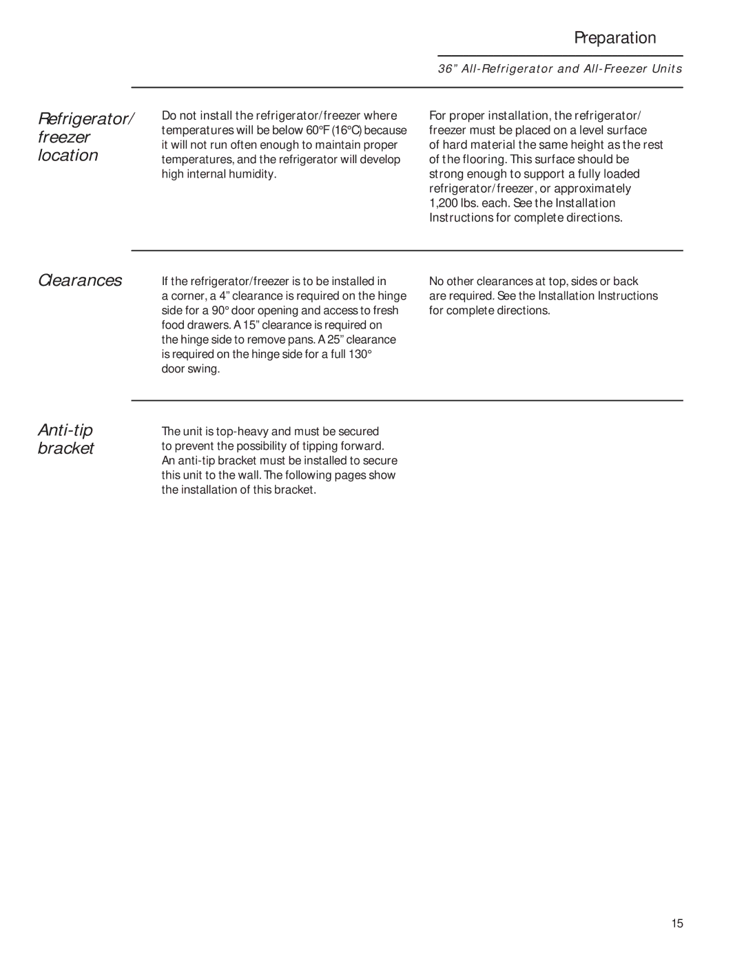 GE 224D2602P001 owner manual Preparation, Refrigerator/ freezer location, Clearances, Anti-tip bracket 