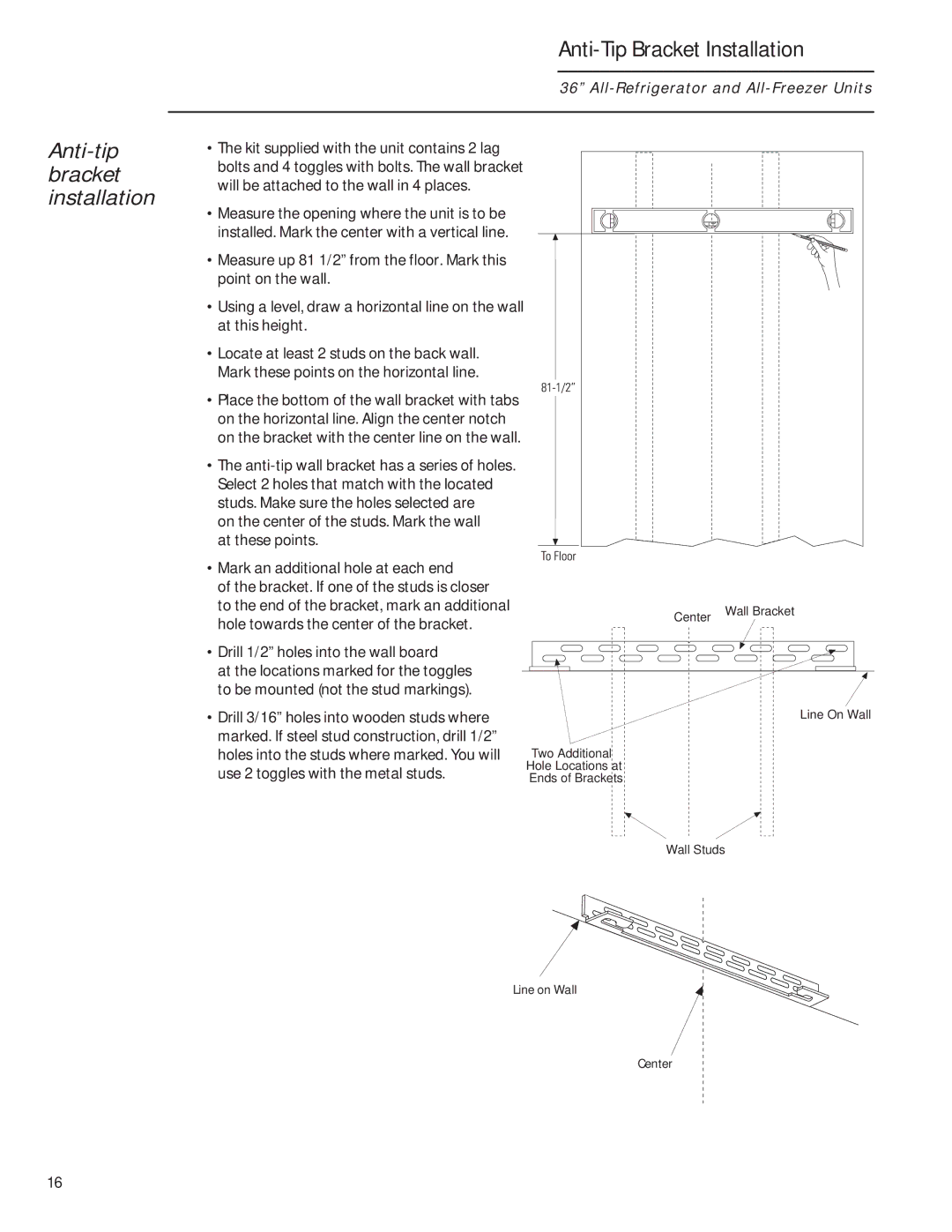 GE 224D2602P001 Anti-tip bracket installation, Anti-Tip Bracket Installation, Use 2 toggles with the metal studs 