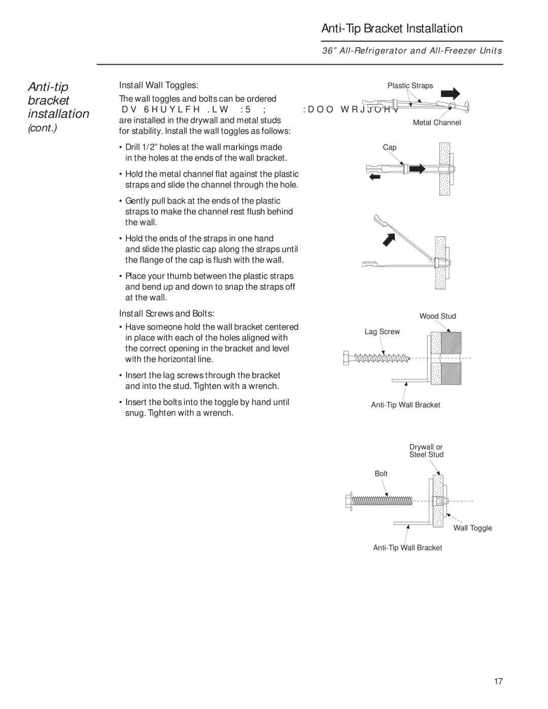 GE 224D2602P001 owner manual Install Wall Toggles, Wall toggles and bolts can be ordered, Install Screws and Bolts 