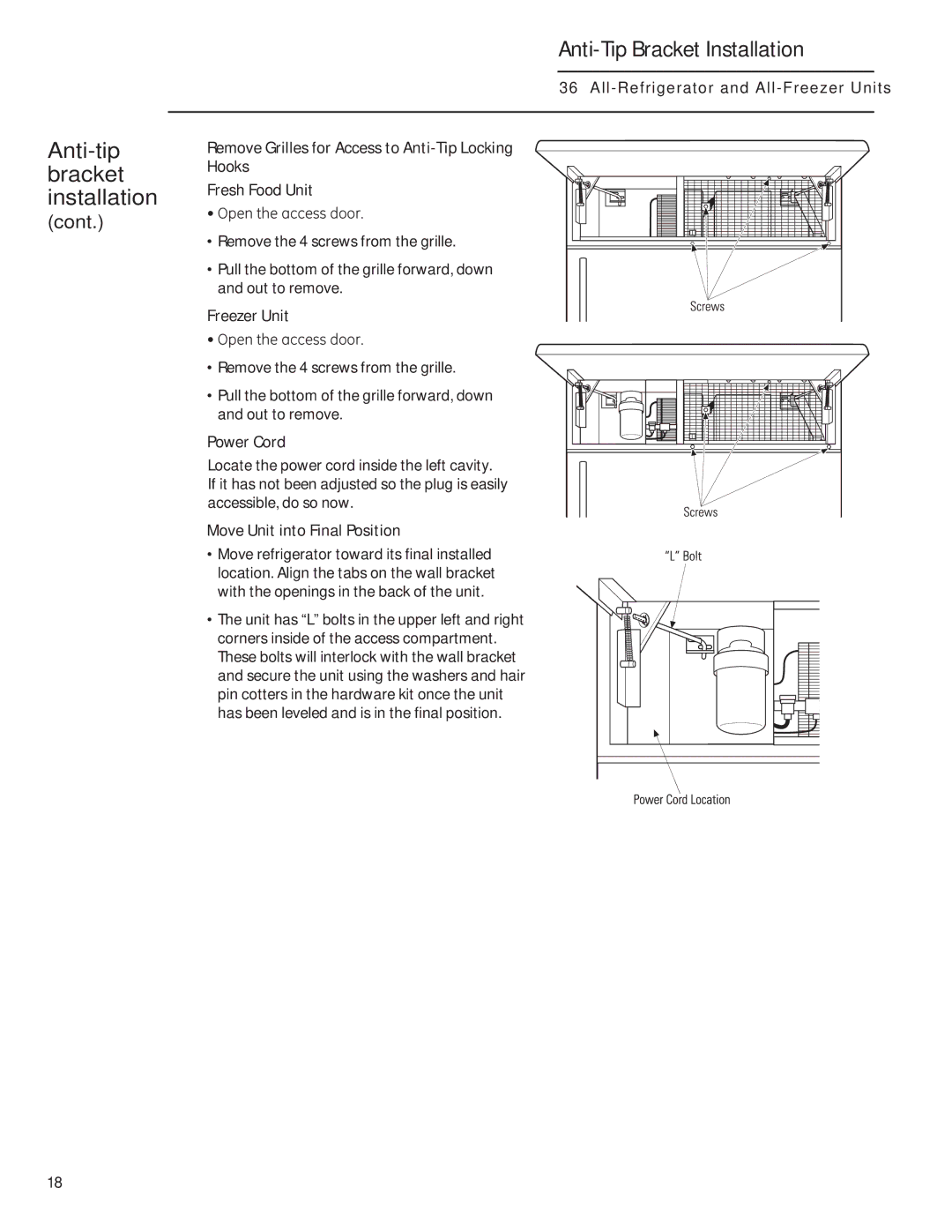 GE 224D2602P001 owner manual Freezer Unit, Power Cord, Move Unit into Final Position 